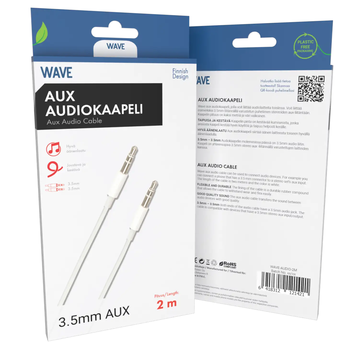 Wave Audiokaapeli 3,5mm, 2m, Valkoinen - 2