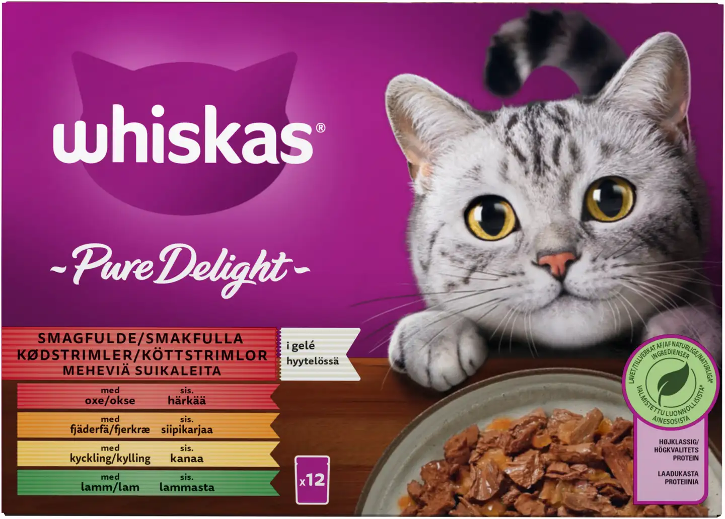 Whiskas 1+ Pure Delight meheviä suikaleita hyytelössä (12 x 85 g)