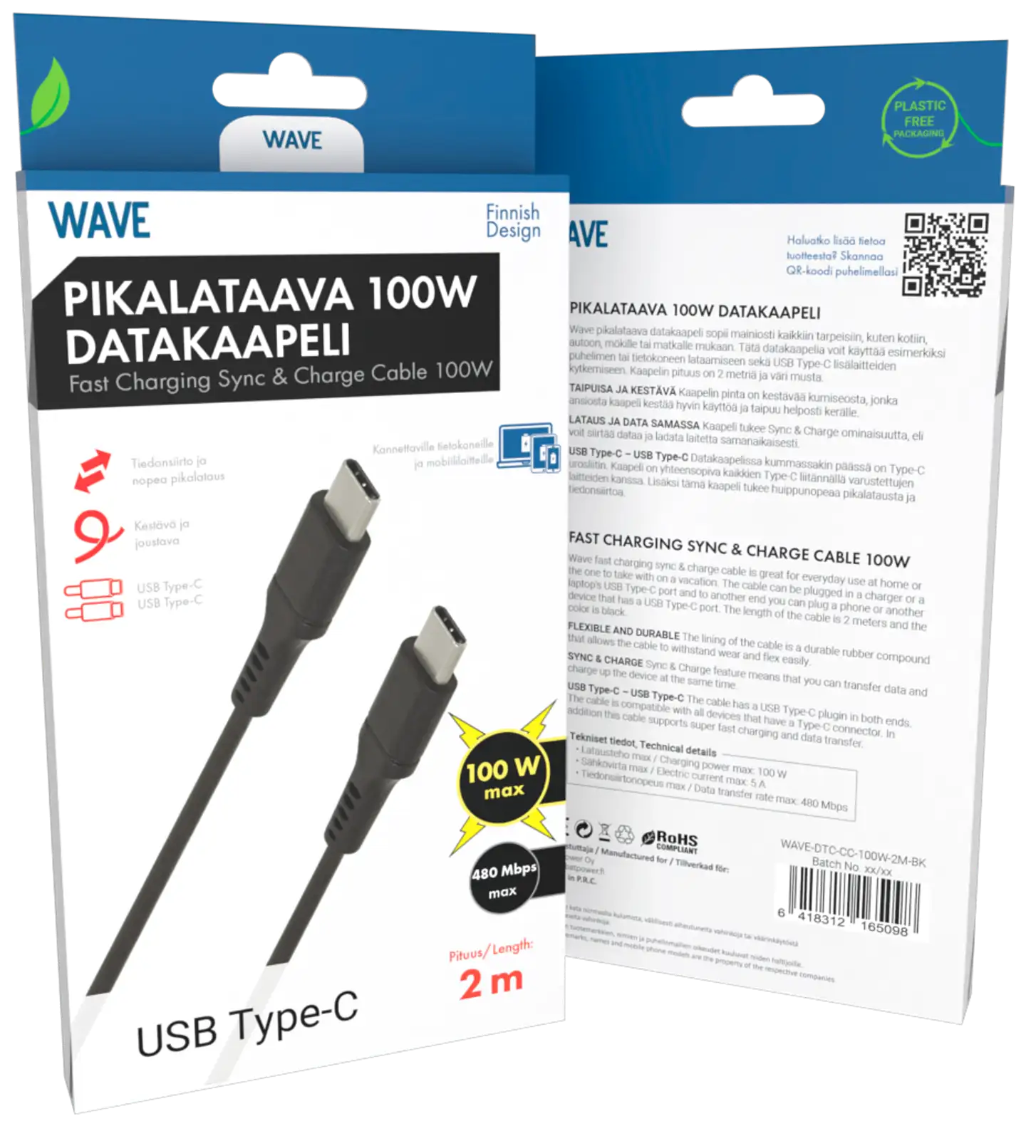 Wave 100W Datakaapeli, USB Type-C -> USB Type-C (480 Mbps), 2m, Musta - 1