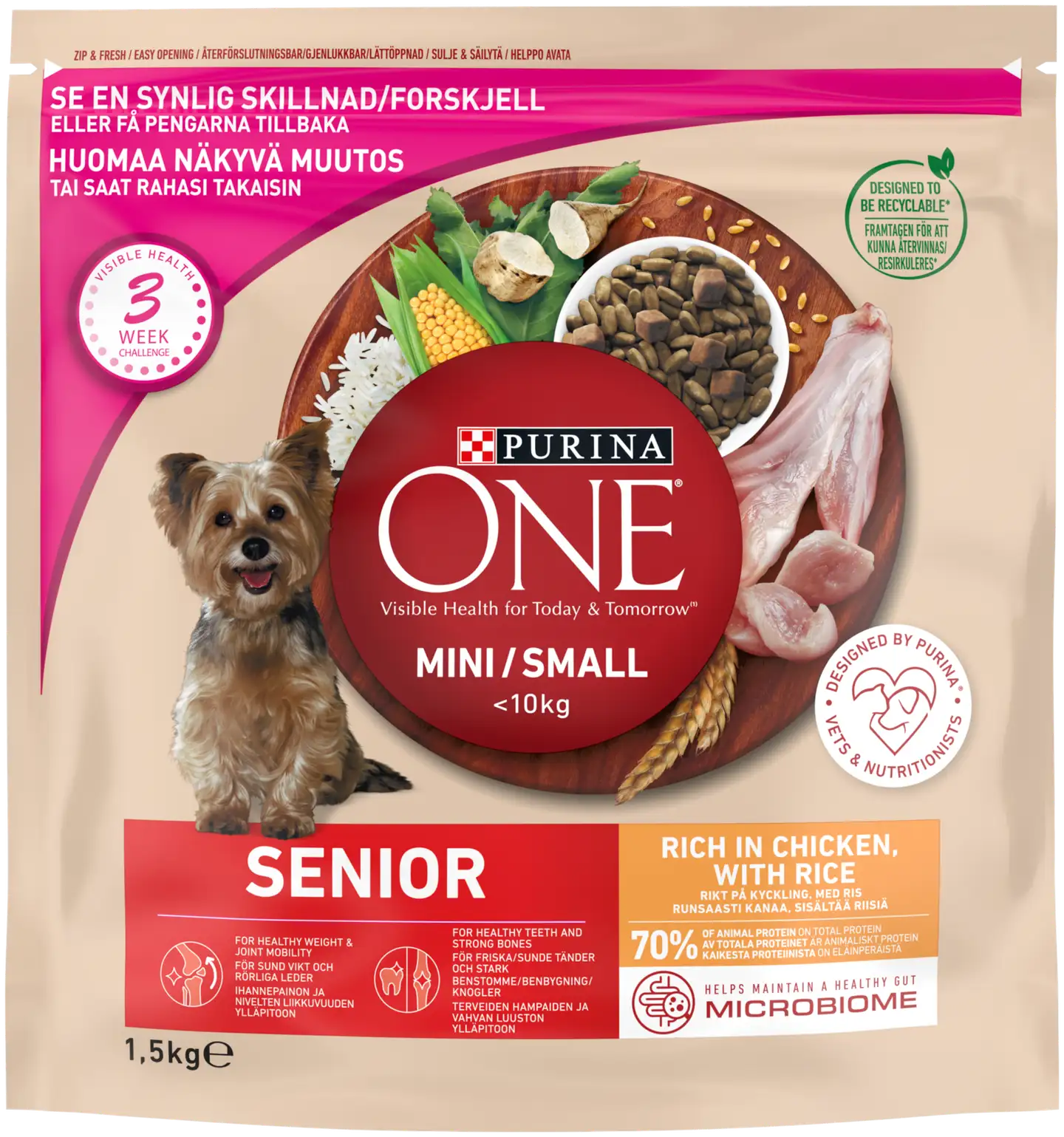 Purina ONE 1,5kg Small Dog < 10 kg Senior 8+, Runsaasti kanaa, Sisältää Riisiä koiranruoka