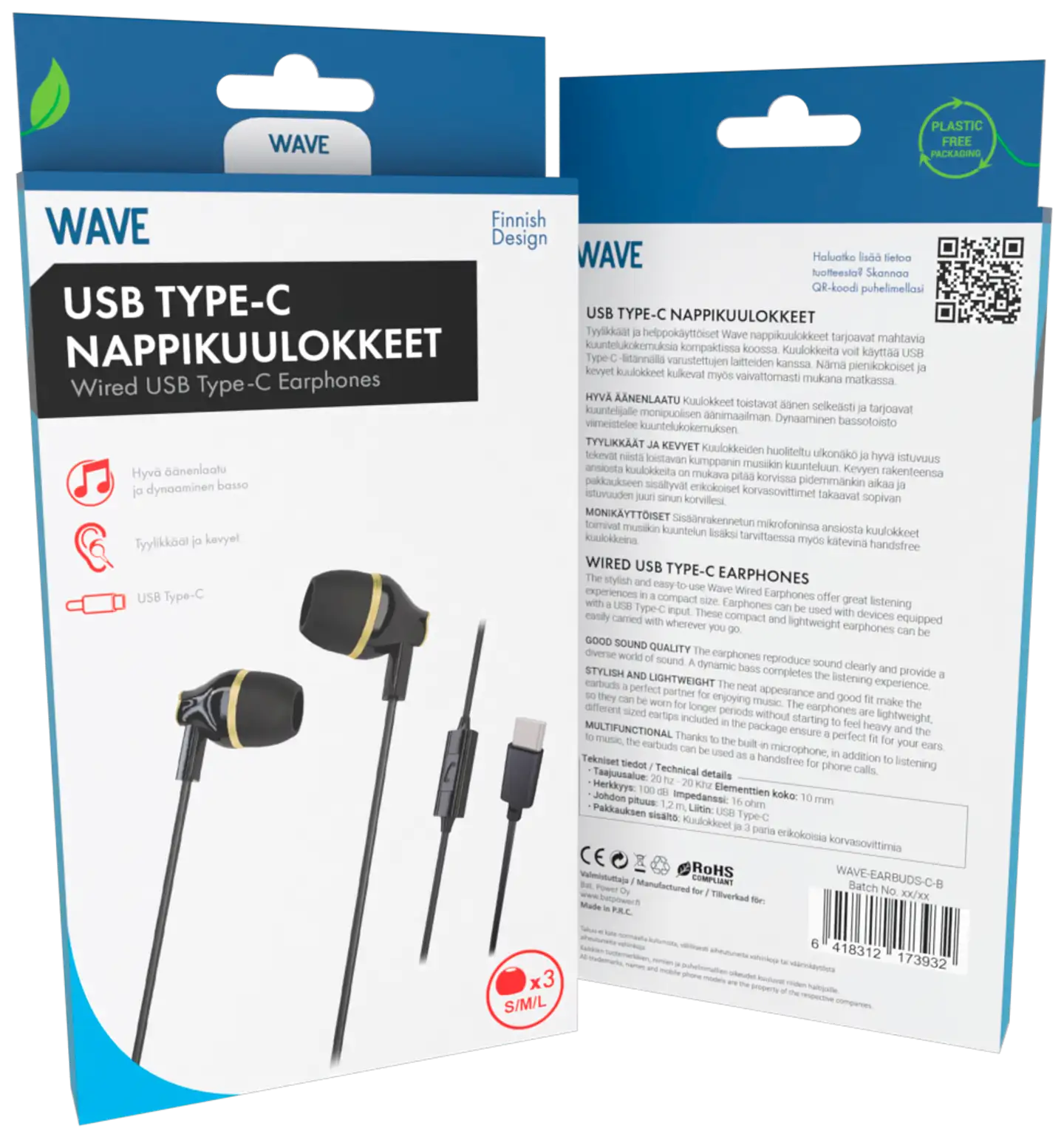 Wave Nappikuulokkeet, USB Type-C, Musta/Kulta - 2
