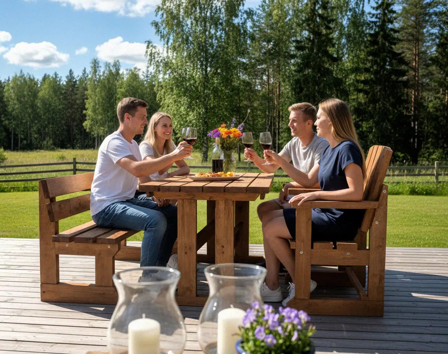 Jämäkkä kalusteryhmä pöydällä, penkillä ja kahdella tuolilla, ruskea 170x170x74cm - 4