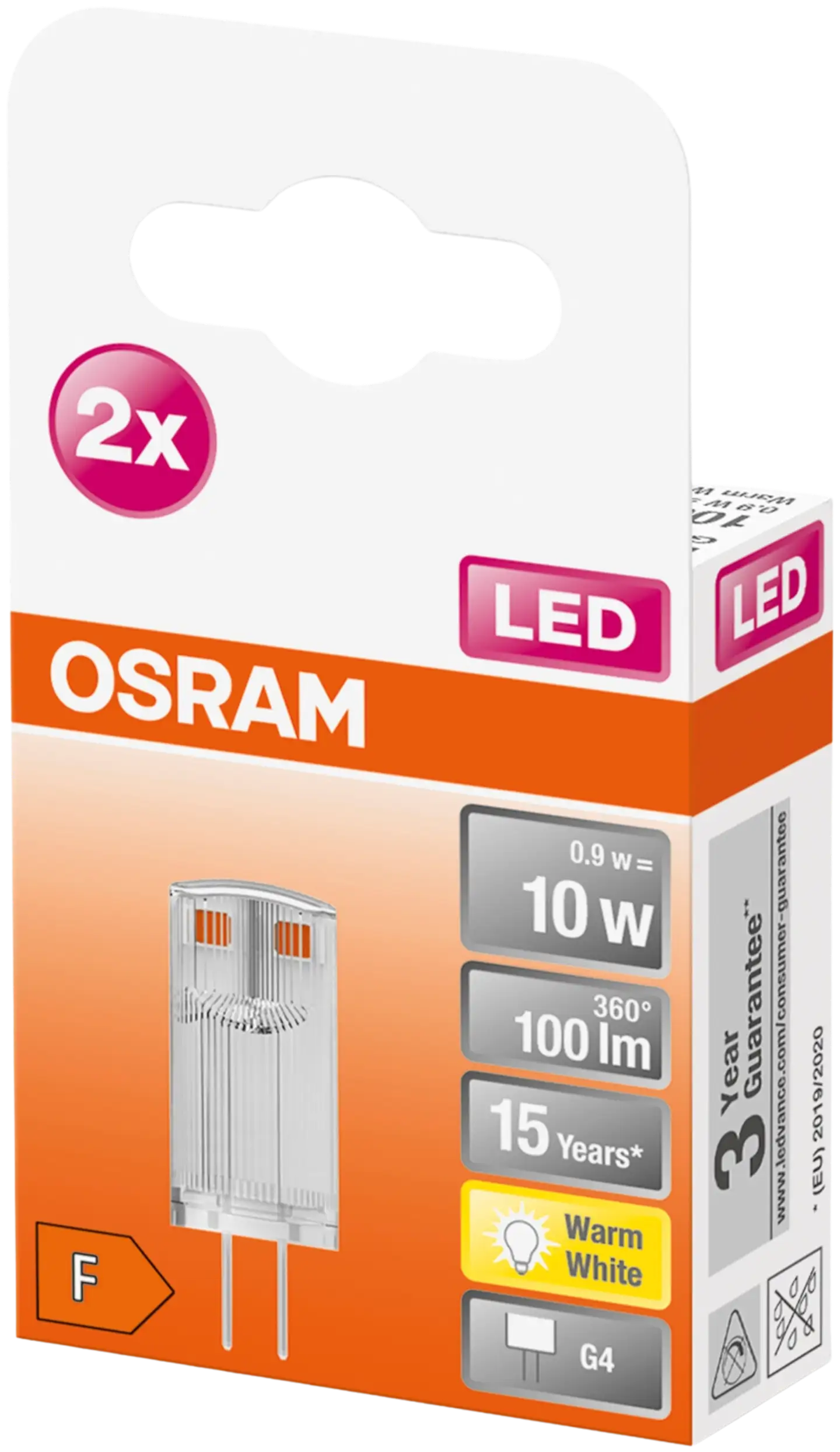 Osram LED PIN 0,9W/2700K 12V G4 ei-himmennettävä kirkaskupuinen LED-pienoislamppu 2kpl/pkt - 3