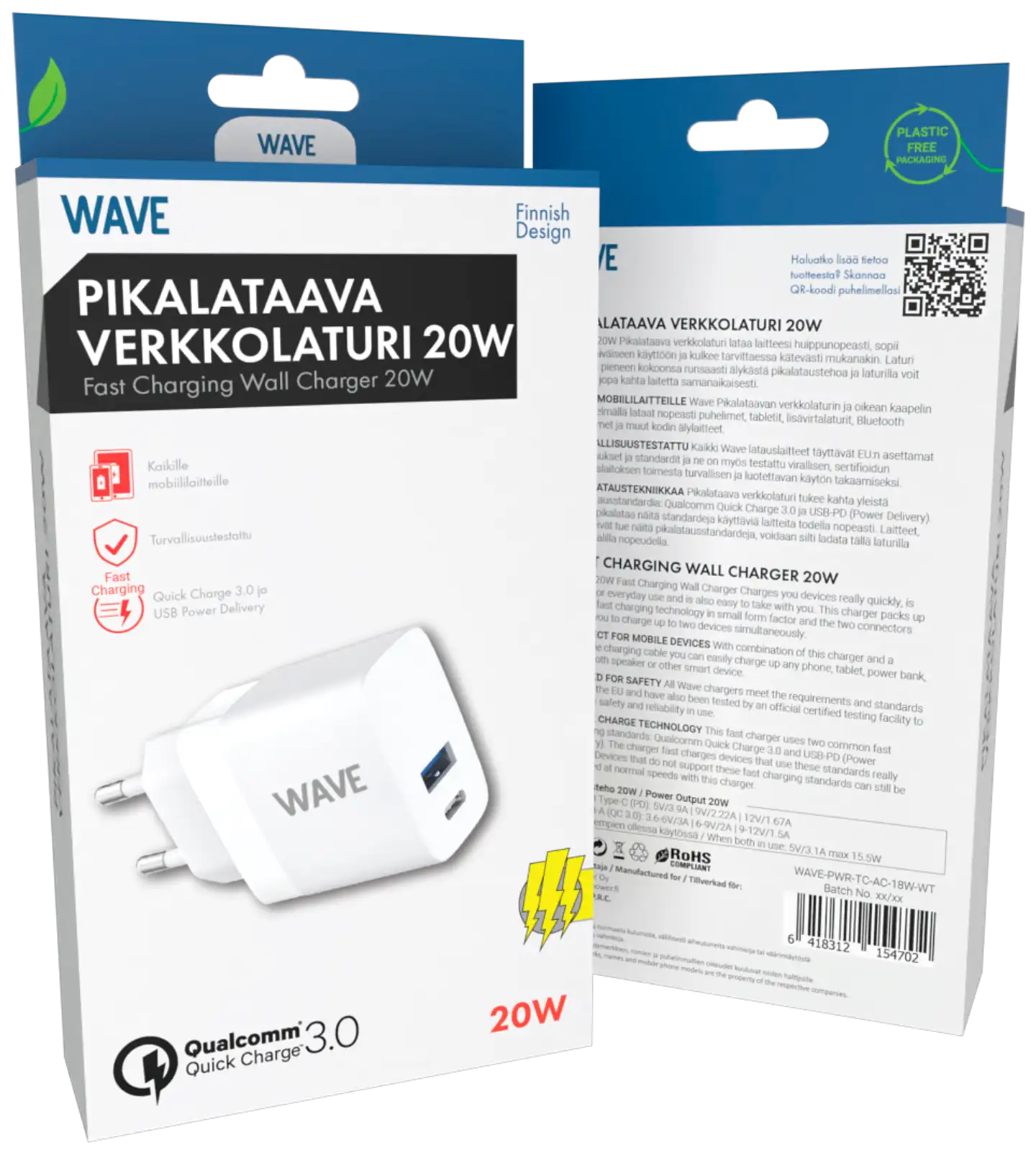 Wave 20 W pikalataava verkkolaturi 1 x USB Type-C + 1 x USB-A valkoinen - 3