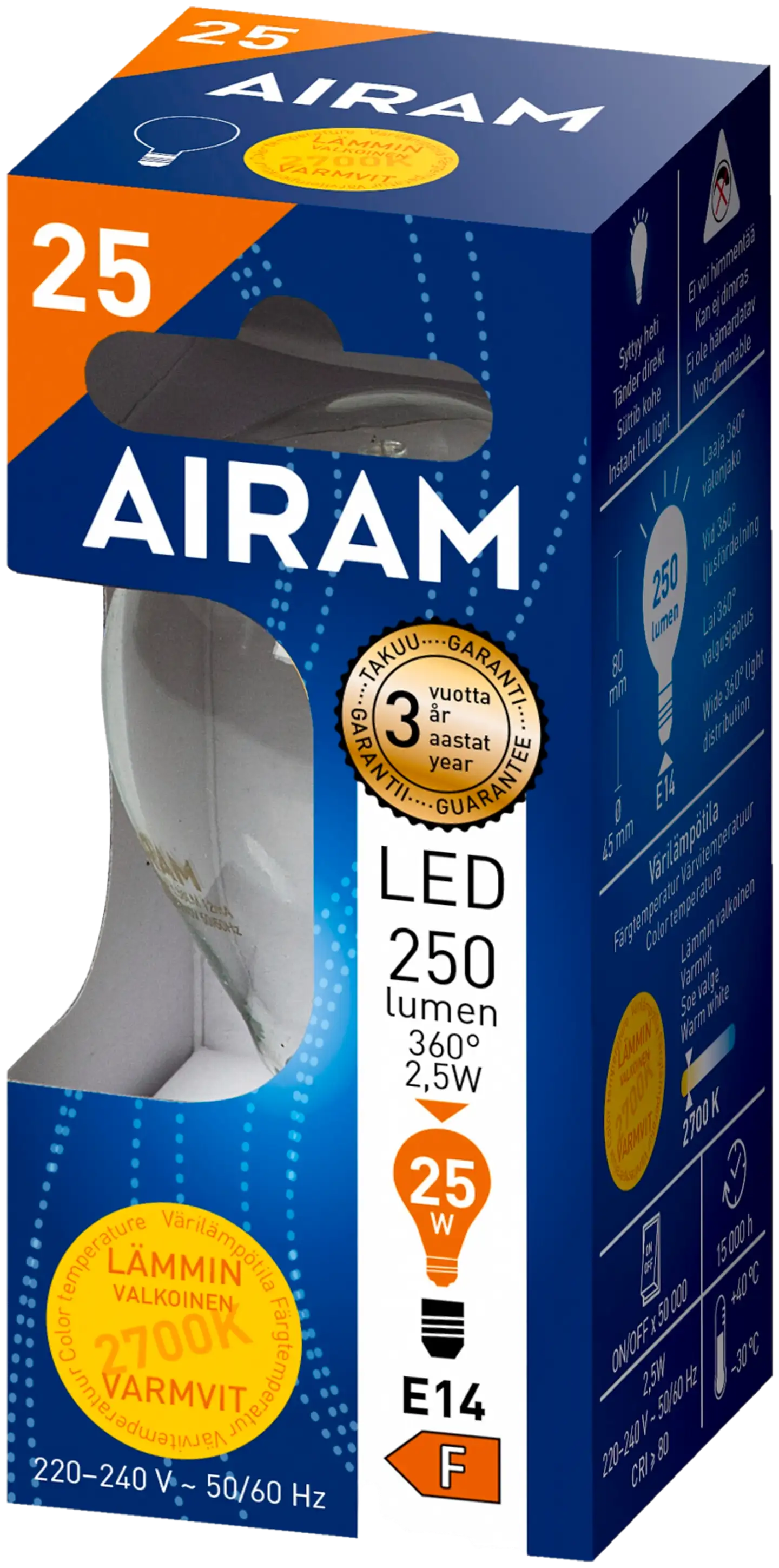 Airam LED 2,5W mainos filamentti E14 250lm 2700K - 2