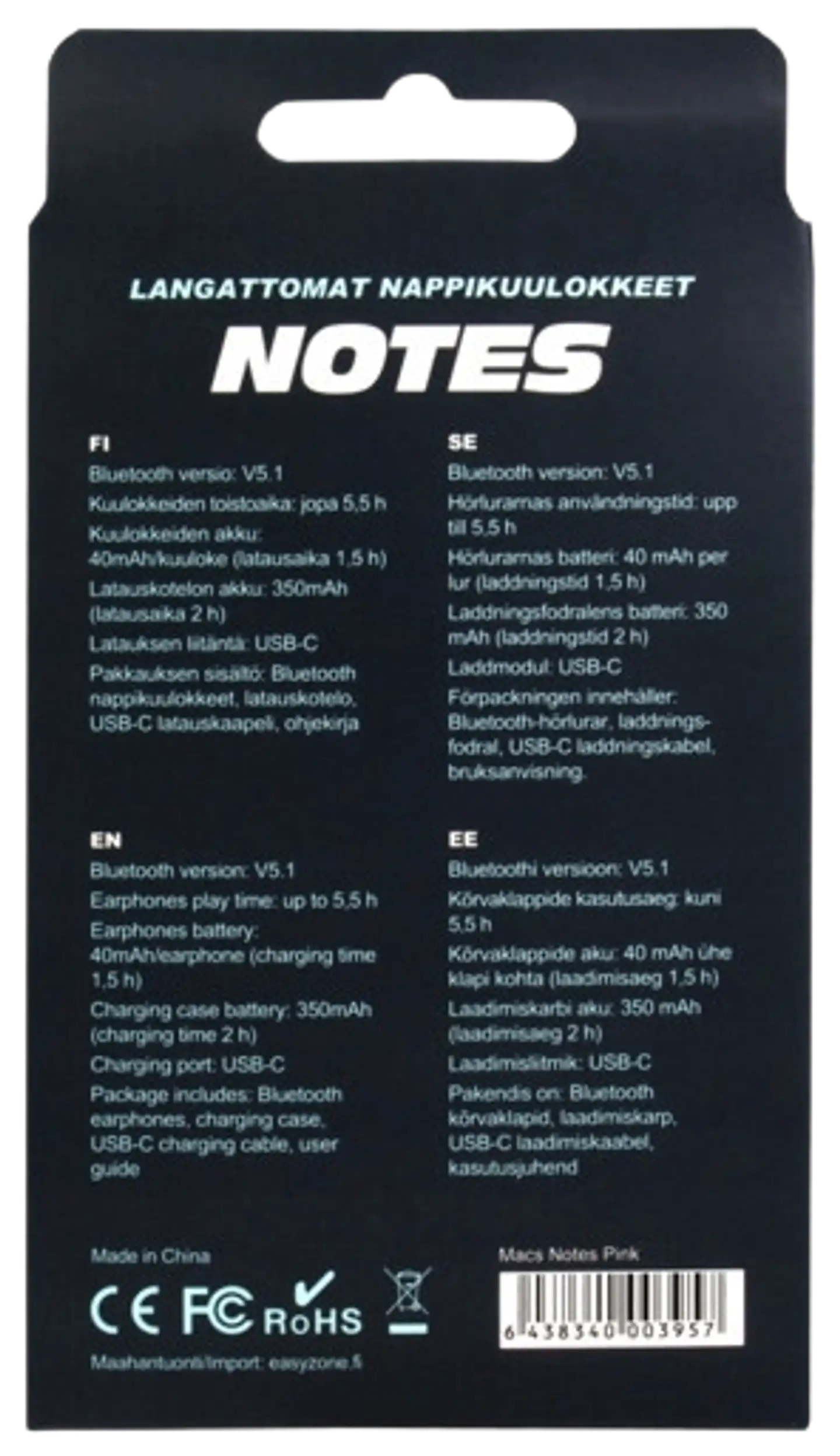 Macs Bluetooth nappikuulokkeet Notes pinkki - 5