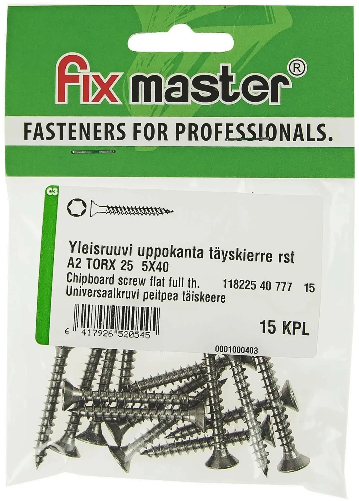 Fix Master yleisruuvi uppokanta täyskierre A2 torx25 5,0X40 ruostumaton teräs 15kpl