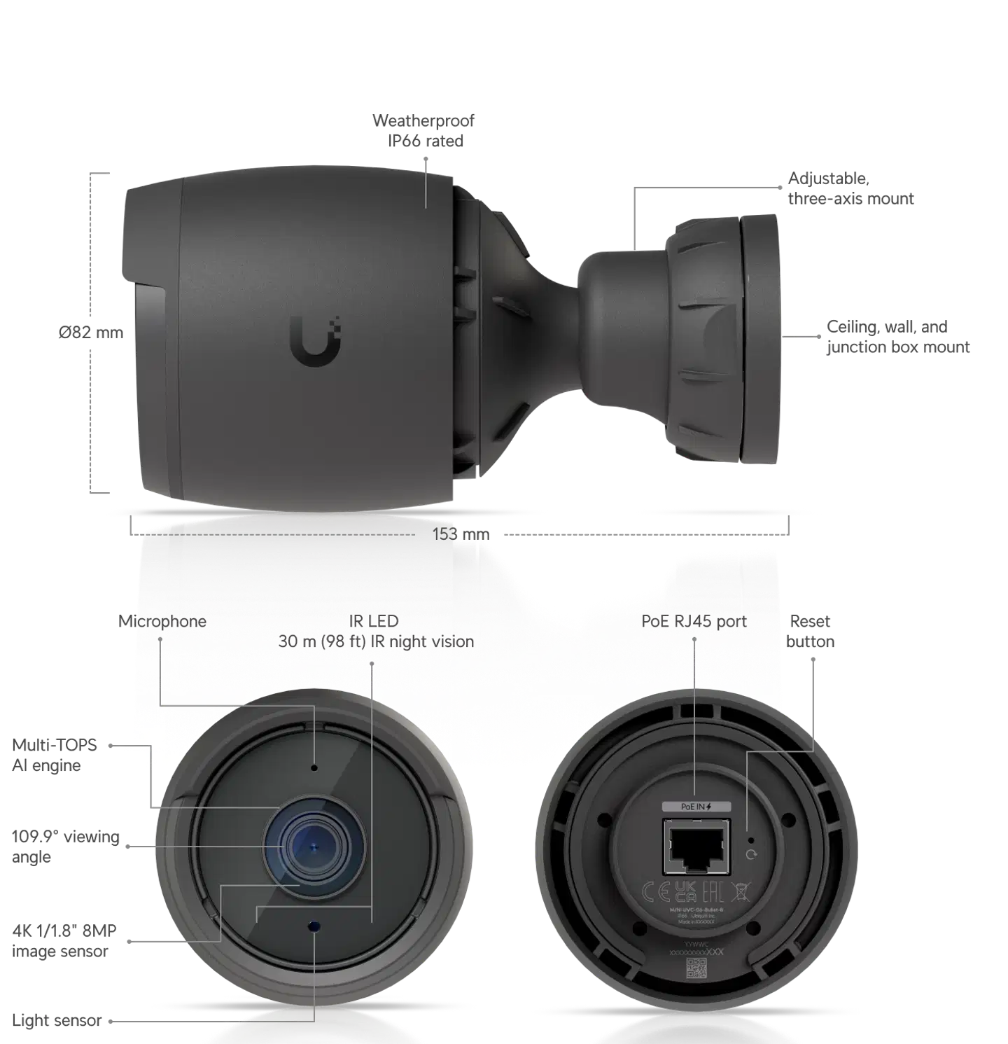 Ubiquiti sääsuojattu 4K PoE -ulkovalvontakamera laajakulmalla ja IR-yönäöllä UVC-G6-Bullet-B musta - 9