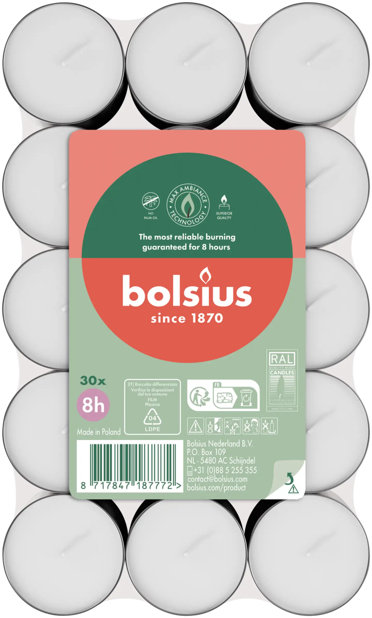 Bolsius – lämpökynttilät – 8 tunnin paloaika – 30 kpl/pakkaus