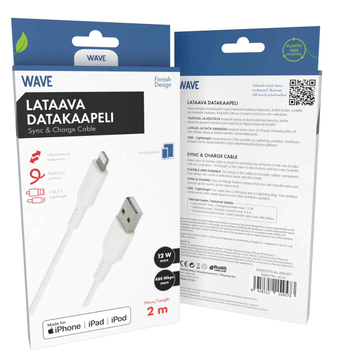 Wave Datakaapeli, Apple Lightning (MFI), 2m, Valkoinen - 1