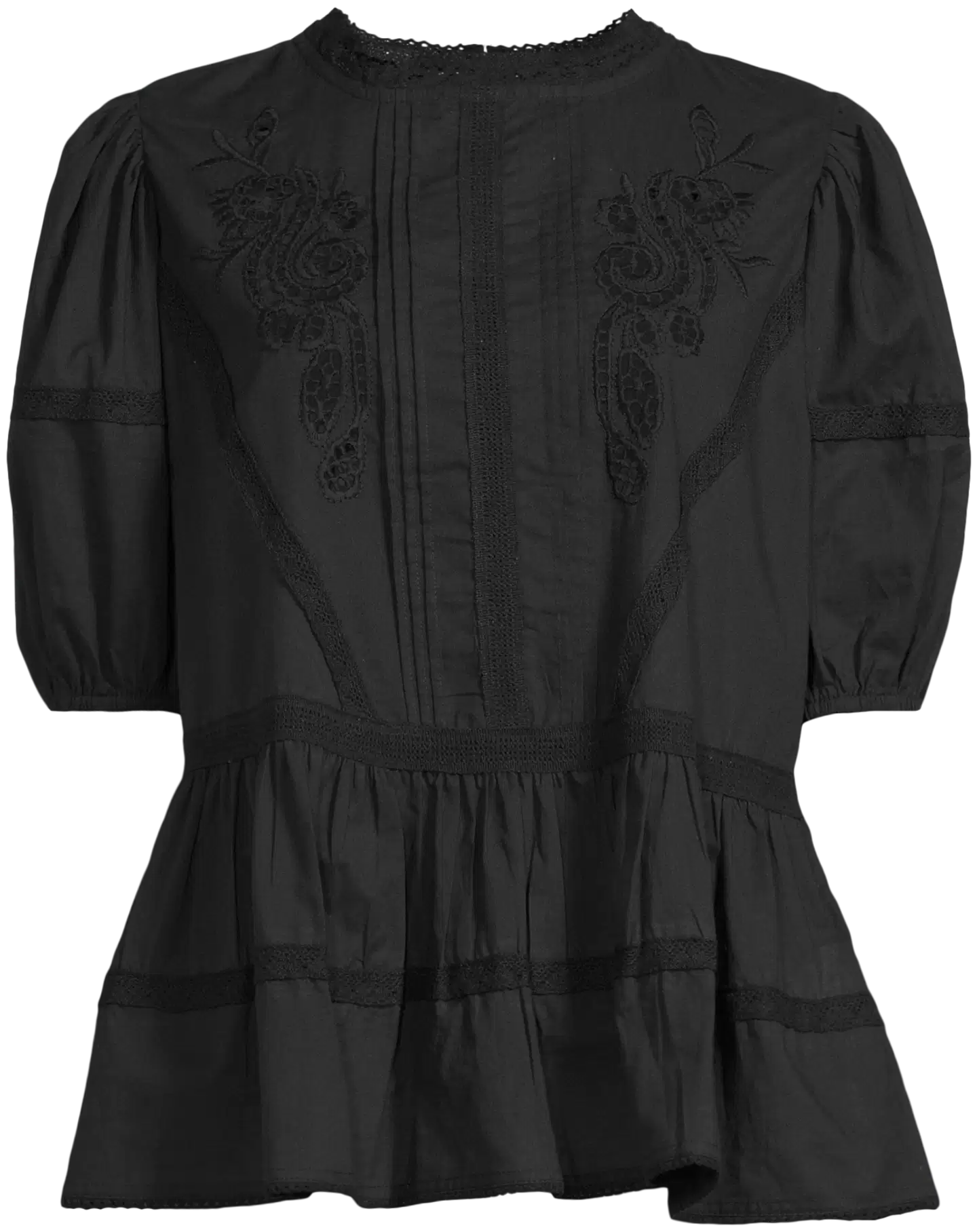 Margaux Riviera naisten lyhythihainen pitsisomisteinen frillapusero MG-001 - BLACK - 2