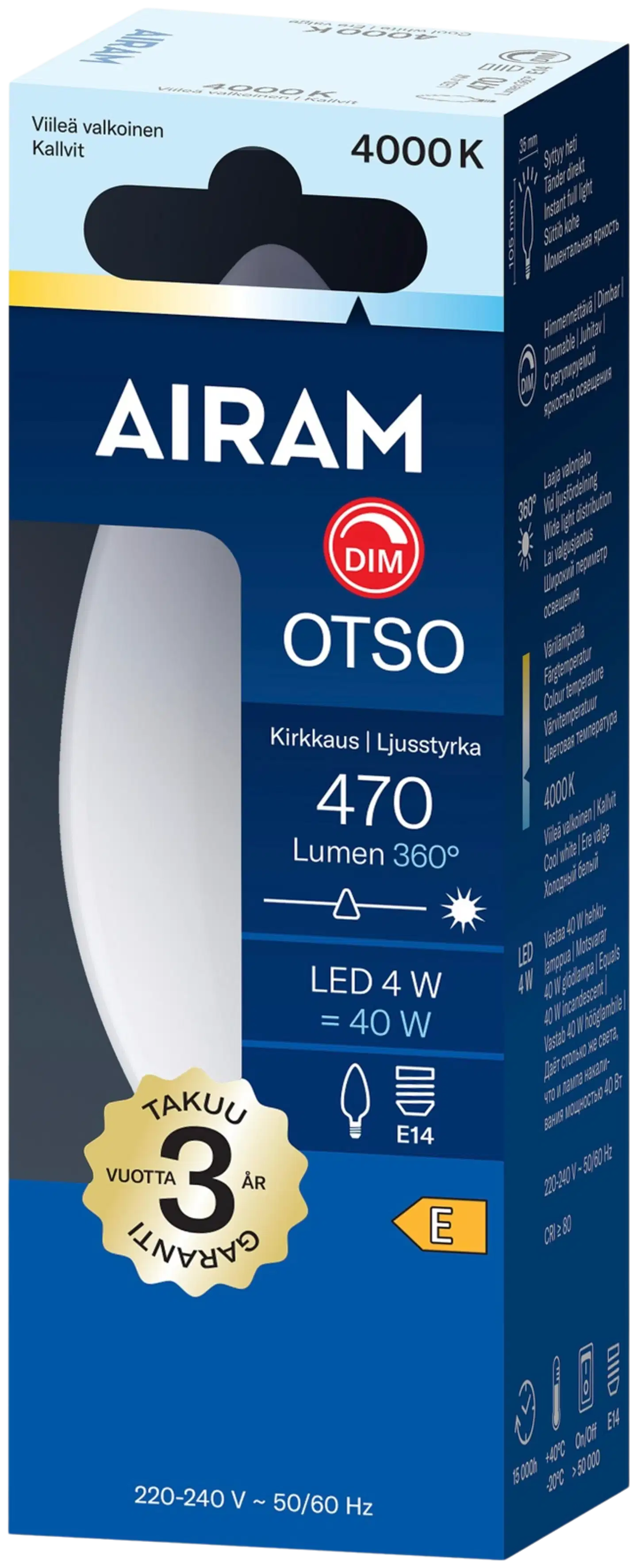 Airam LEDOtso opaali 360° kynttiläkupu E14 4000K 470lm himmennettävä - 2