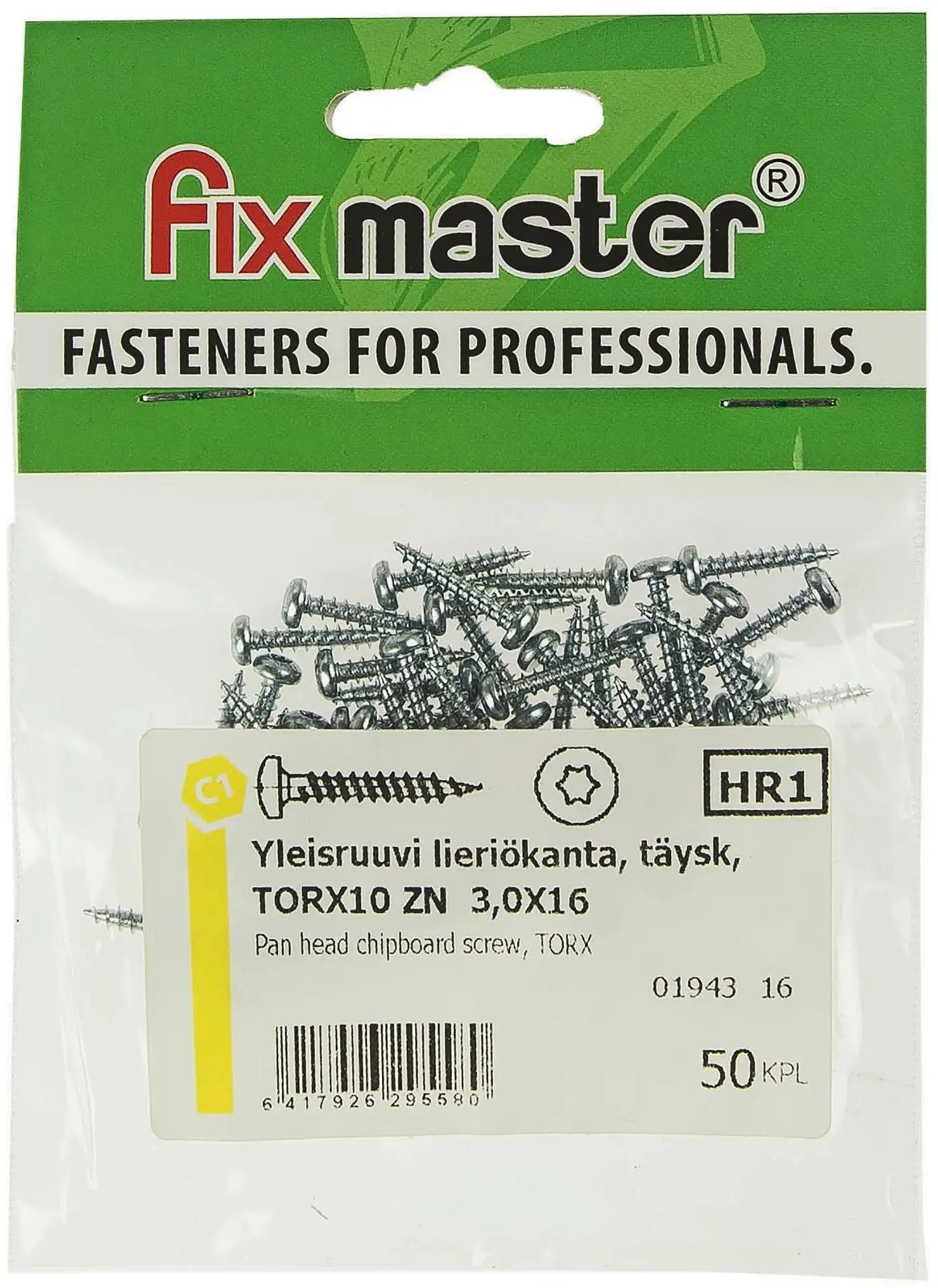 Fix Master yleisruuvi kupukanta täyskierre torx10 3,0X16 sinkitty 50kpl