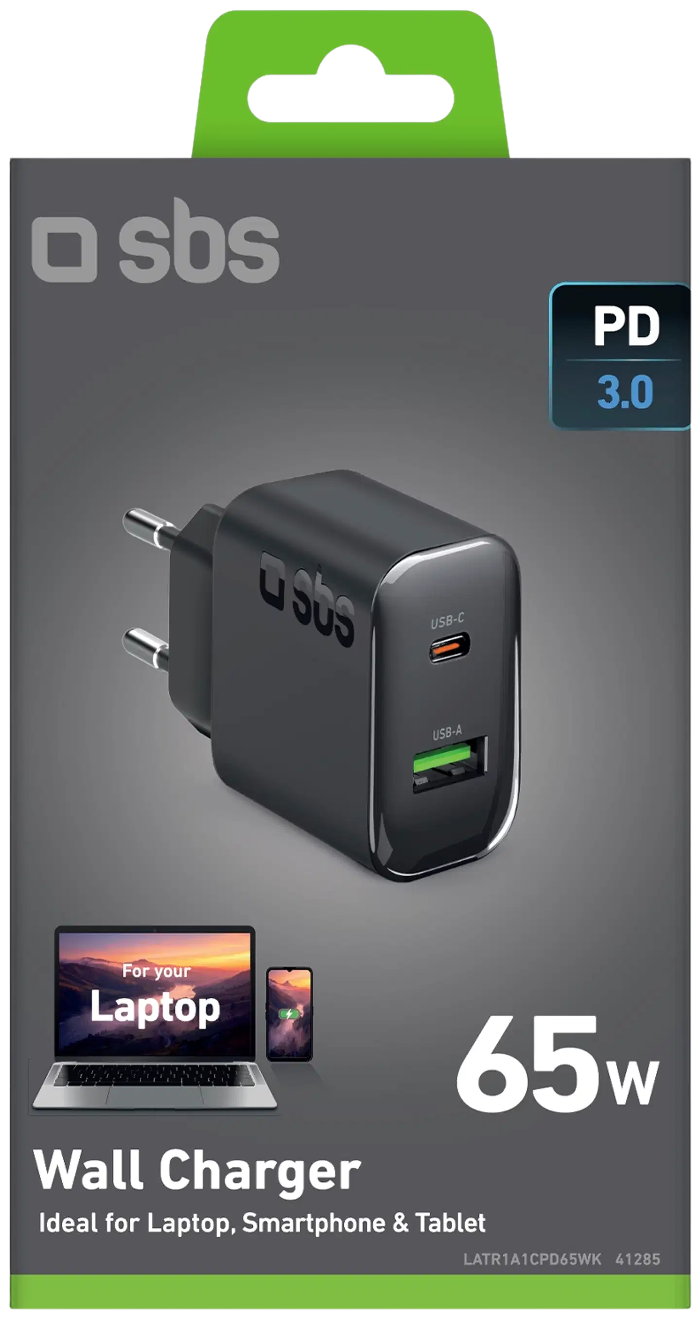 SBS Seinälaturi USB‑C PD65W + USB‑A, musta - 2
