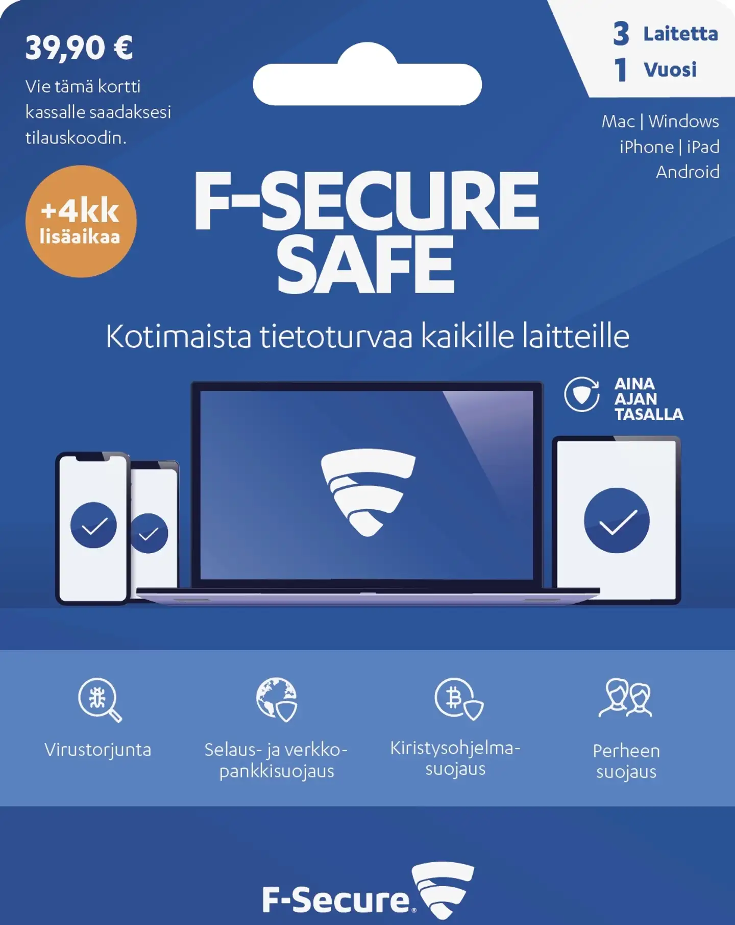 F-Secure SAFE 1 vuosi 3 laitetta + 4kk
