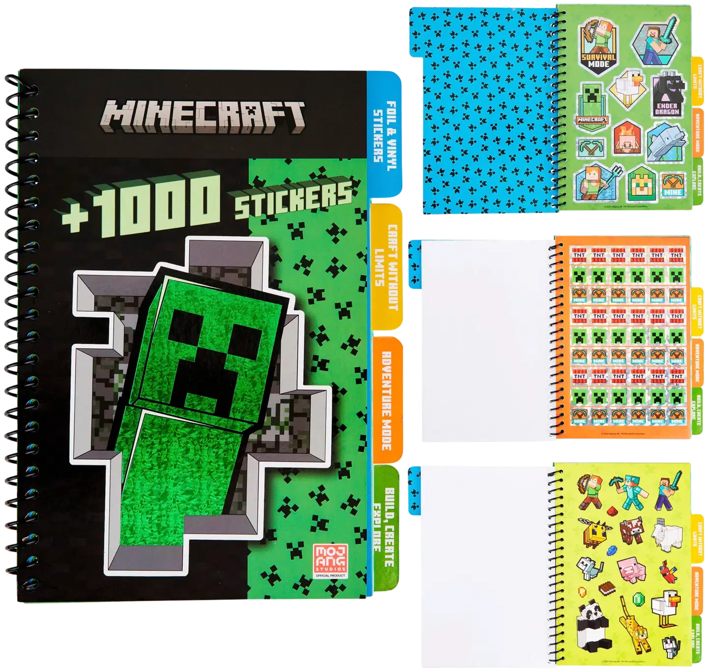 Minecraft tarrakirja, yli 1000 tarraa, sis. 4 jakajaa, 28 tarra-arkkia, 5 tarra keräily sivua