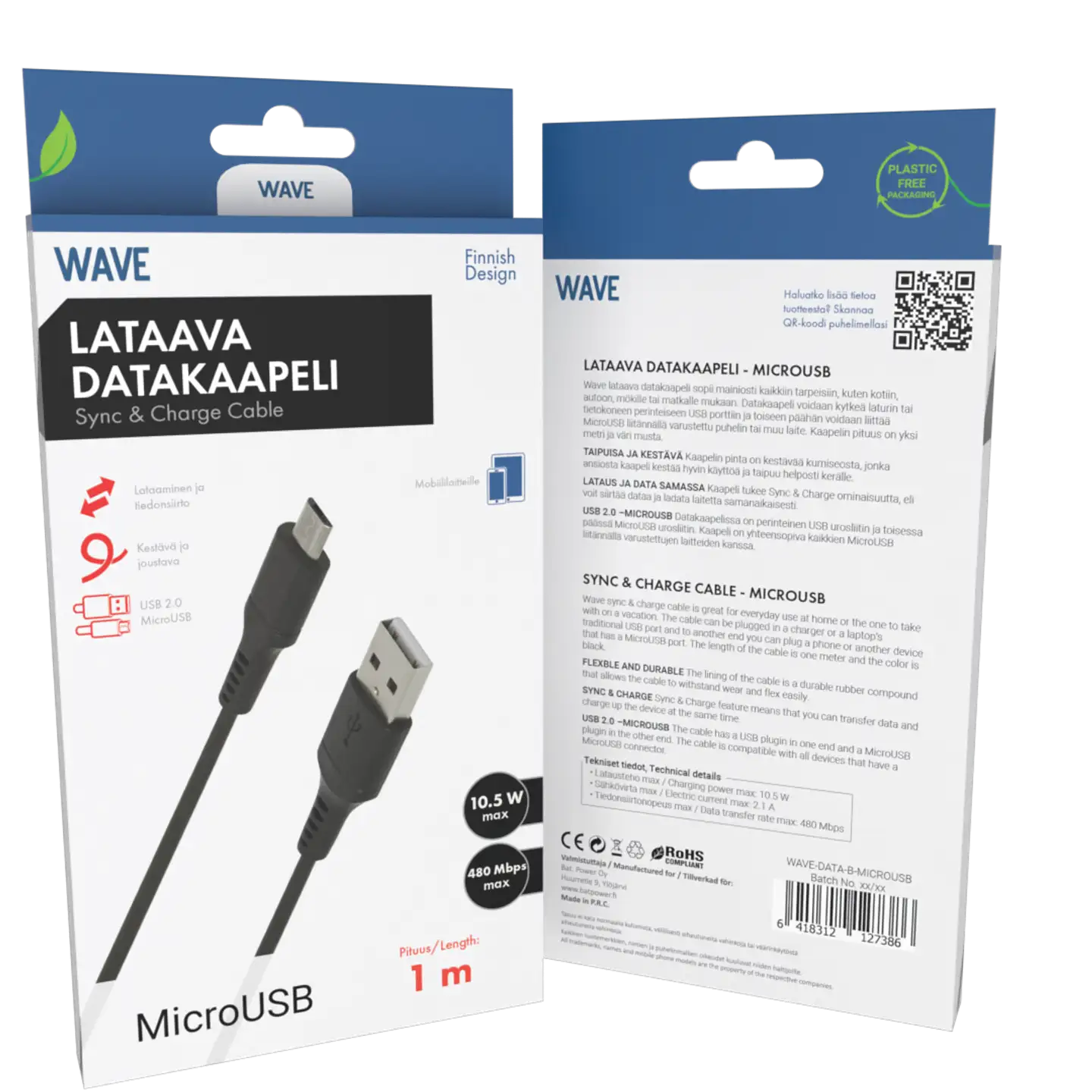 Wave Datakaapeli, MicroUSB (480 Mbps), 1m, Musta - 1