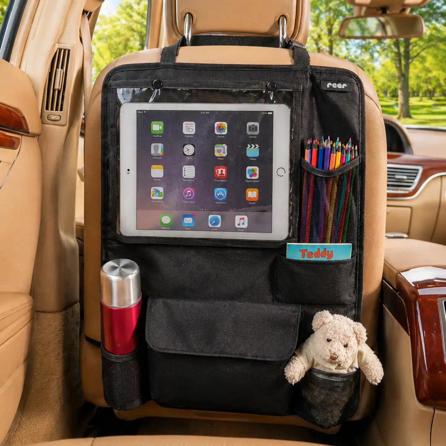 Reer potkusuoja autoon tablet-taskulla ja lokeroilla - 10
