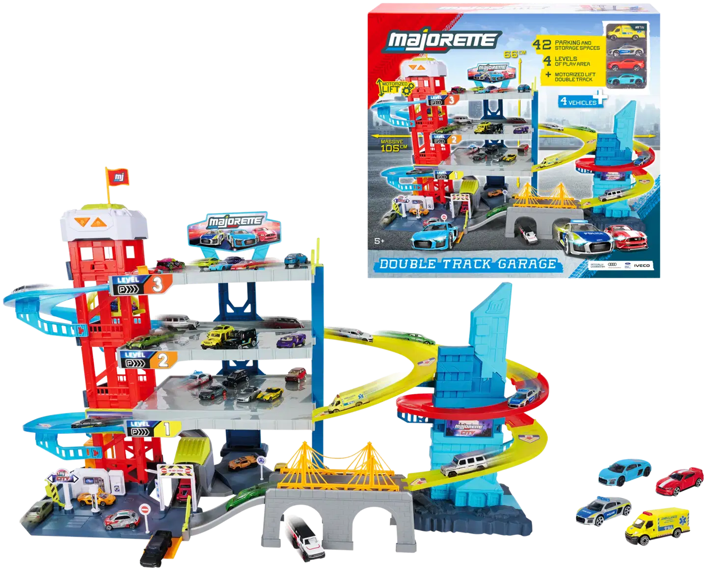 Majorette - Double Track Garage, nelikerroksinen autotalli ja 4 autoa, 7,5 cm, die-cast, moottoroitu hissi - 1