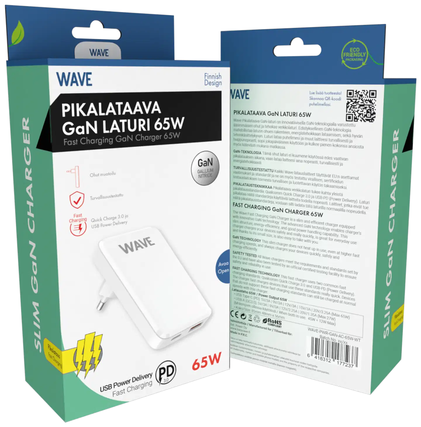 Wave 65W Pikalataava Slim GaN -verkkolaturi, 1 x USB Type-C + 1 x USB-A, Valkoinen - 2
