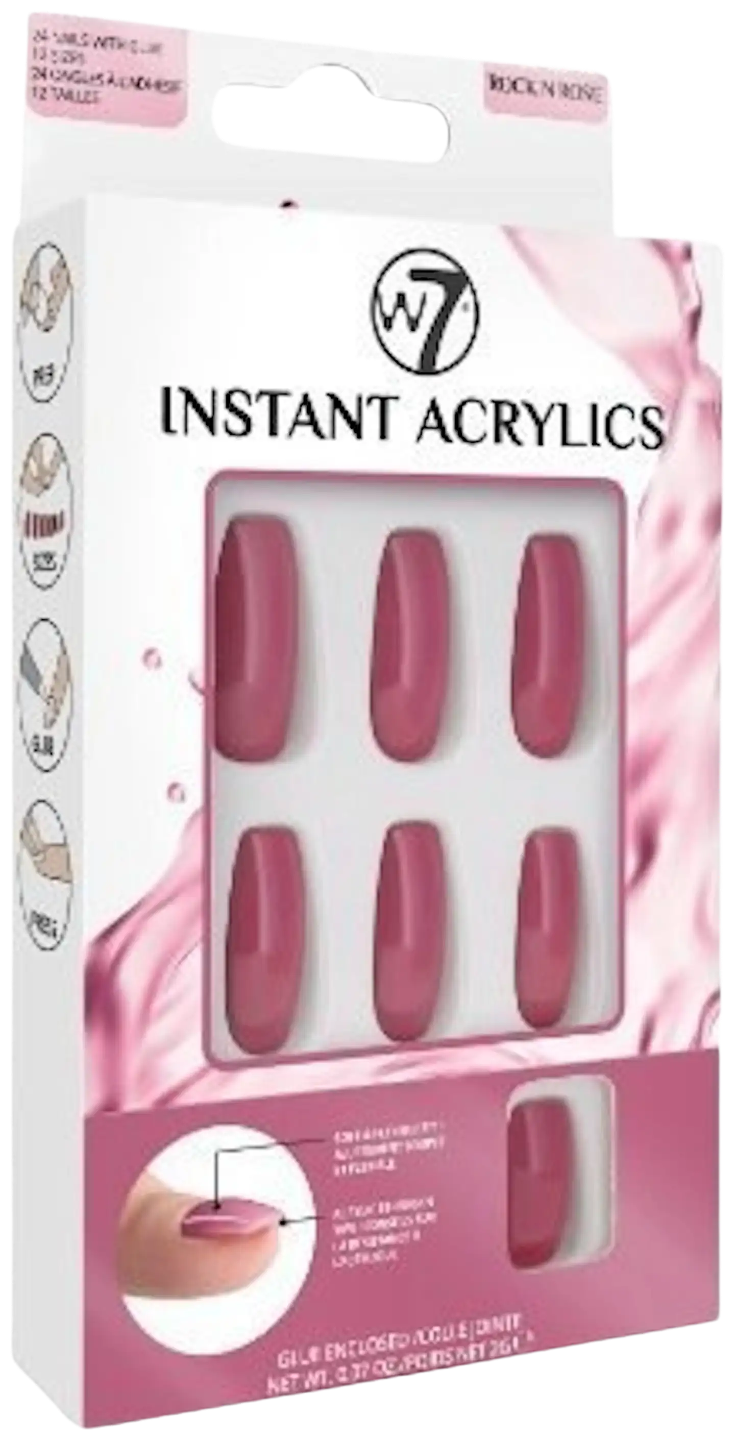 W7 Instant acrylics Rock N Rose, asennetta huokuva syvän punaiset kynnet.