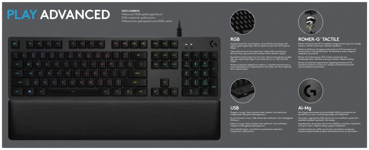 Logitech pelinäppäimistö GX Brown -kytkimillä G513 - 5