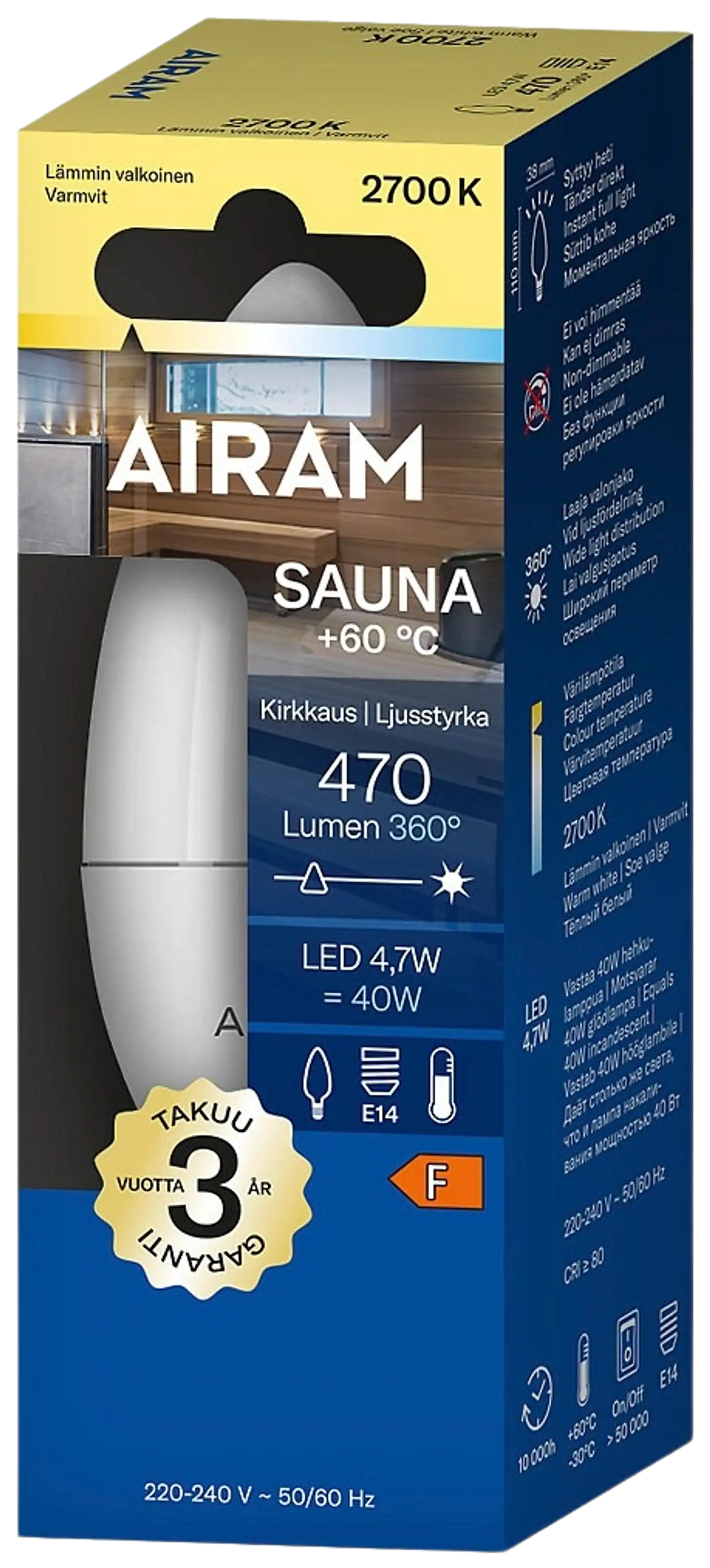 Airam Sauna Led kynttilä opaali 4,7W E14 470lm 2800K - 2