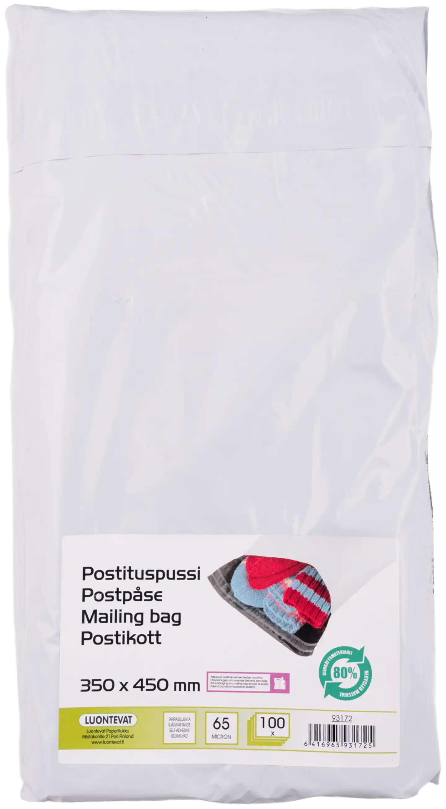 Luontevat postituspussi 350x450 mm valkoinen tarrasuljenta 100 kpl - 1