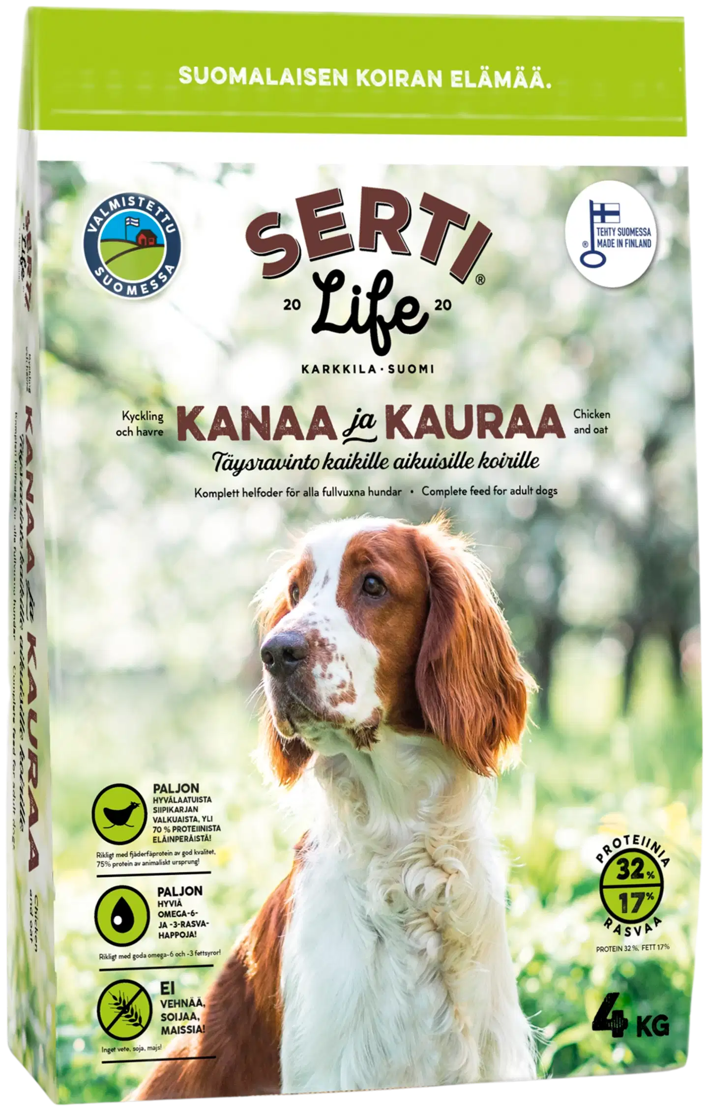 KOTIMAINEN SertiLife Kanaa ja kauraa, täysravinto kaikille aikuisille koirille 4 kg