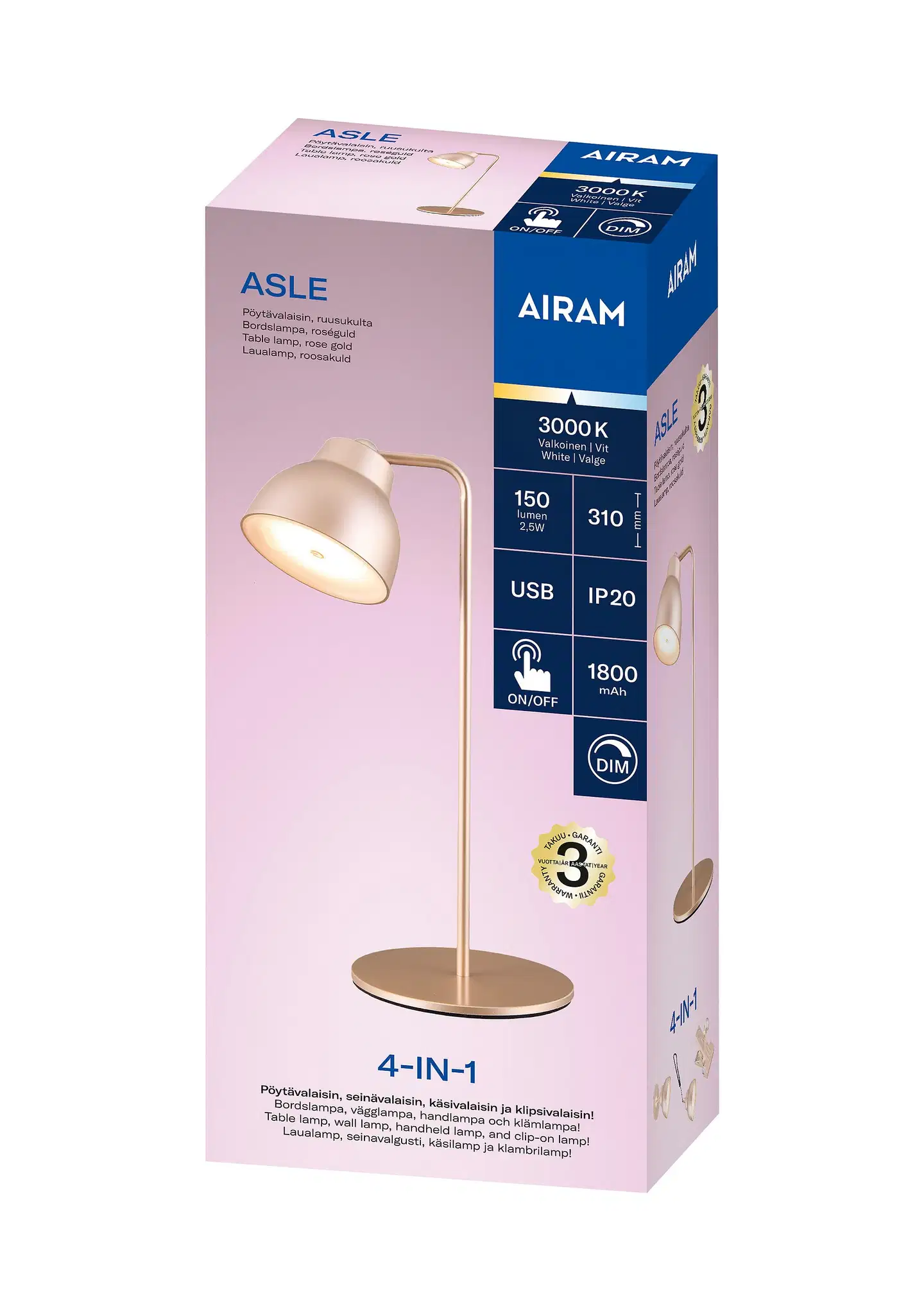 Airam Asle 4-IN-1 pöytävalaisin 150lm USB-C ruusukulta - 2