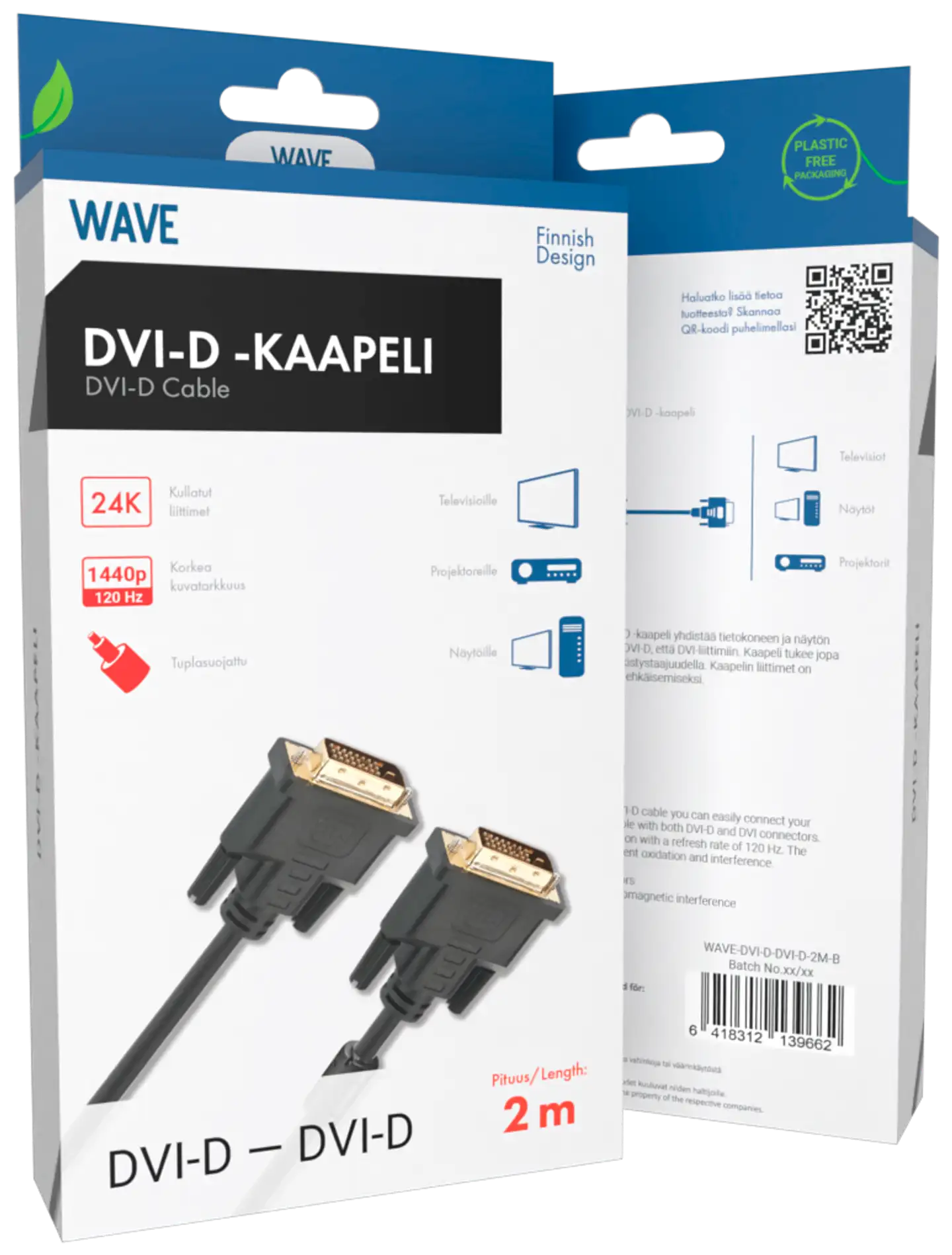 Wave tuplasuojattu Digitaalinen Dual link -näyttökaapeli kullatuilla liittimillä, 2m, Musta - 2
