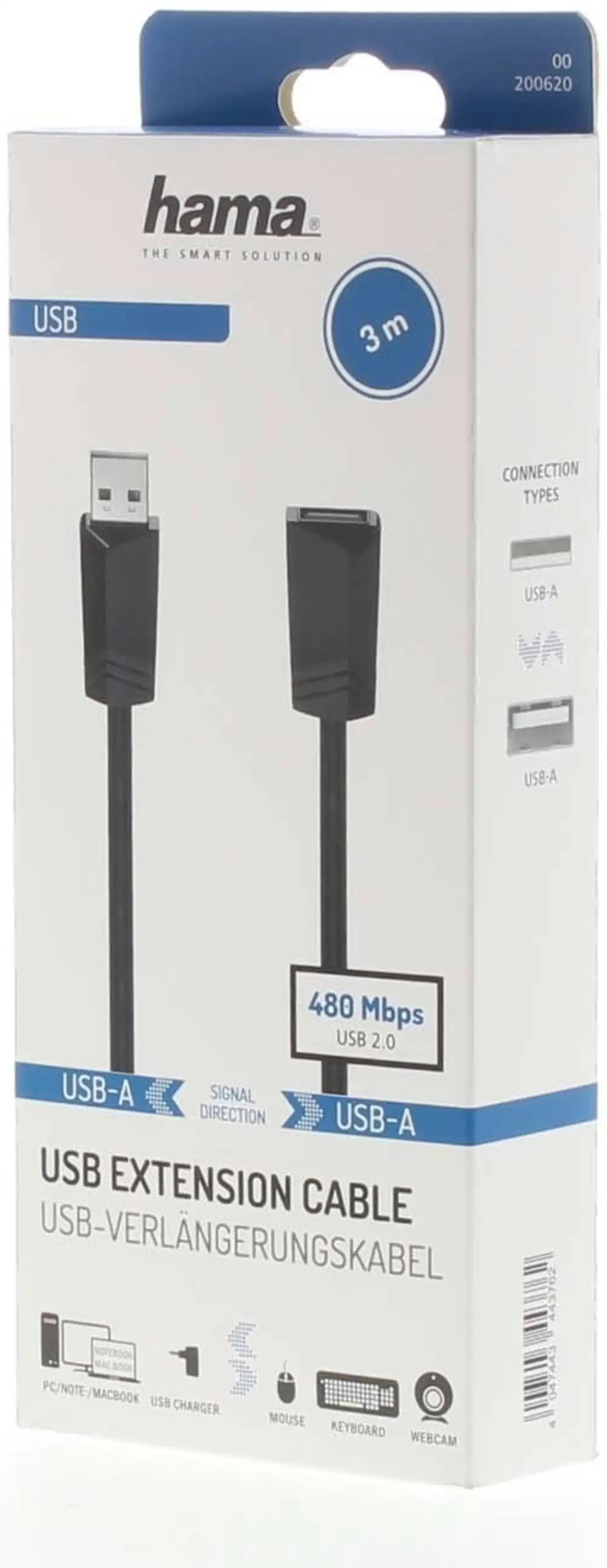 Hama USB-jatkokaapeli, USB-A uros - USB-A naaras, USB 2.0, 480 Mbit/s, 3,0 m - 2