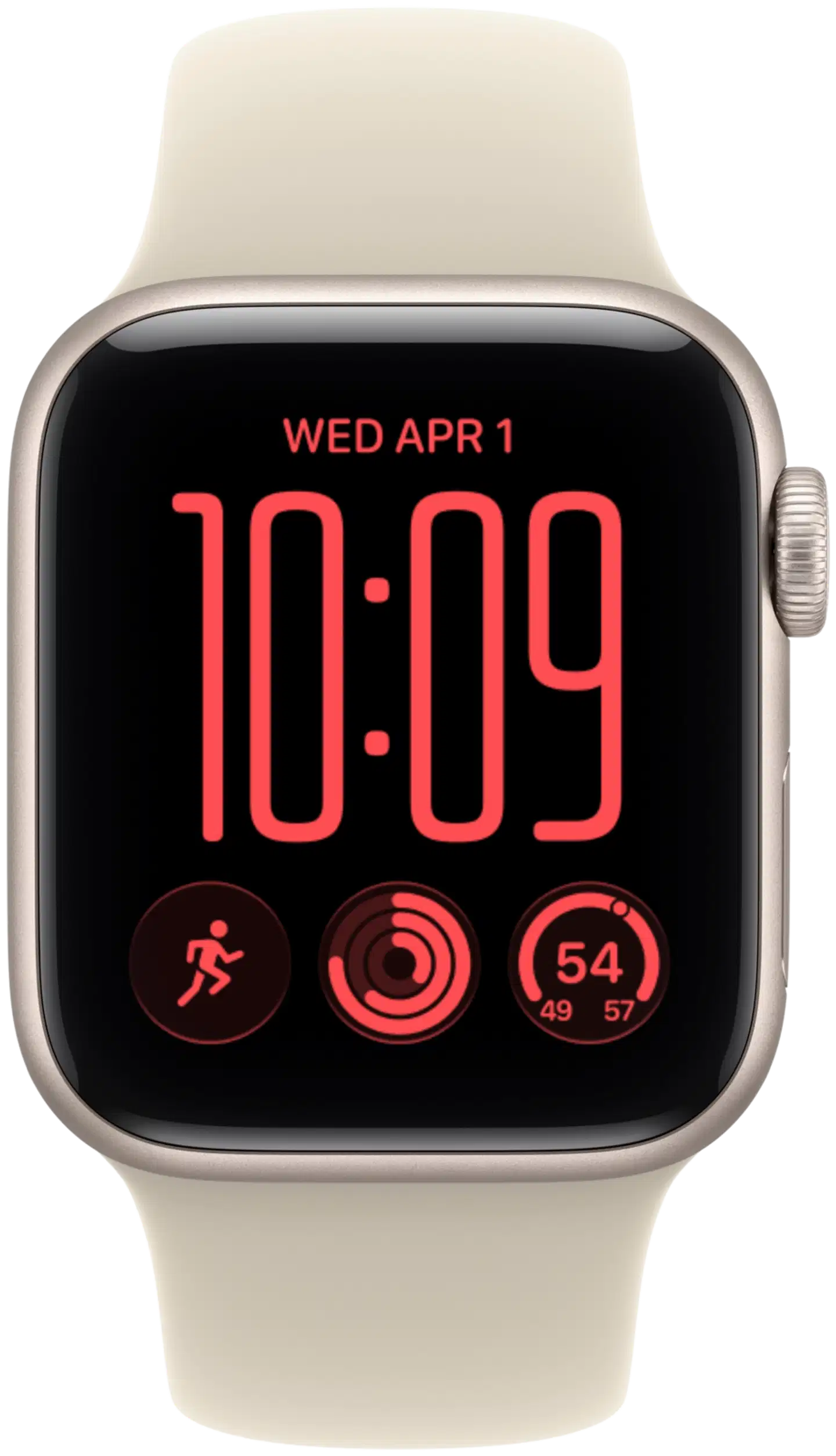 Apple Watch SE 3 GPS 44 mm:n tähtivalkea alumiinikuori ja hiekanvärinen urheiluranneke - M/L - MJL54QN/A - 1