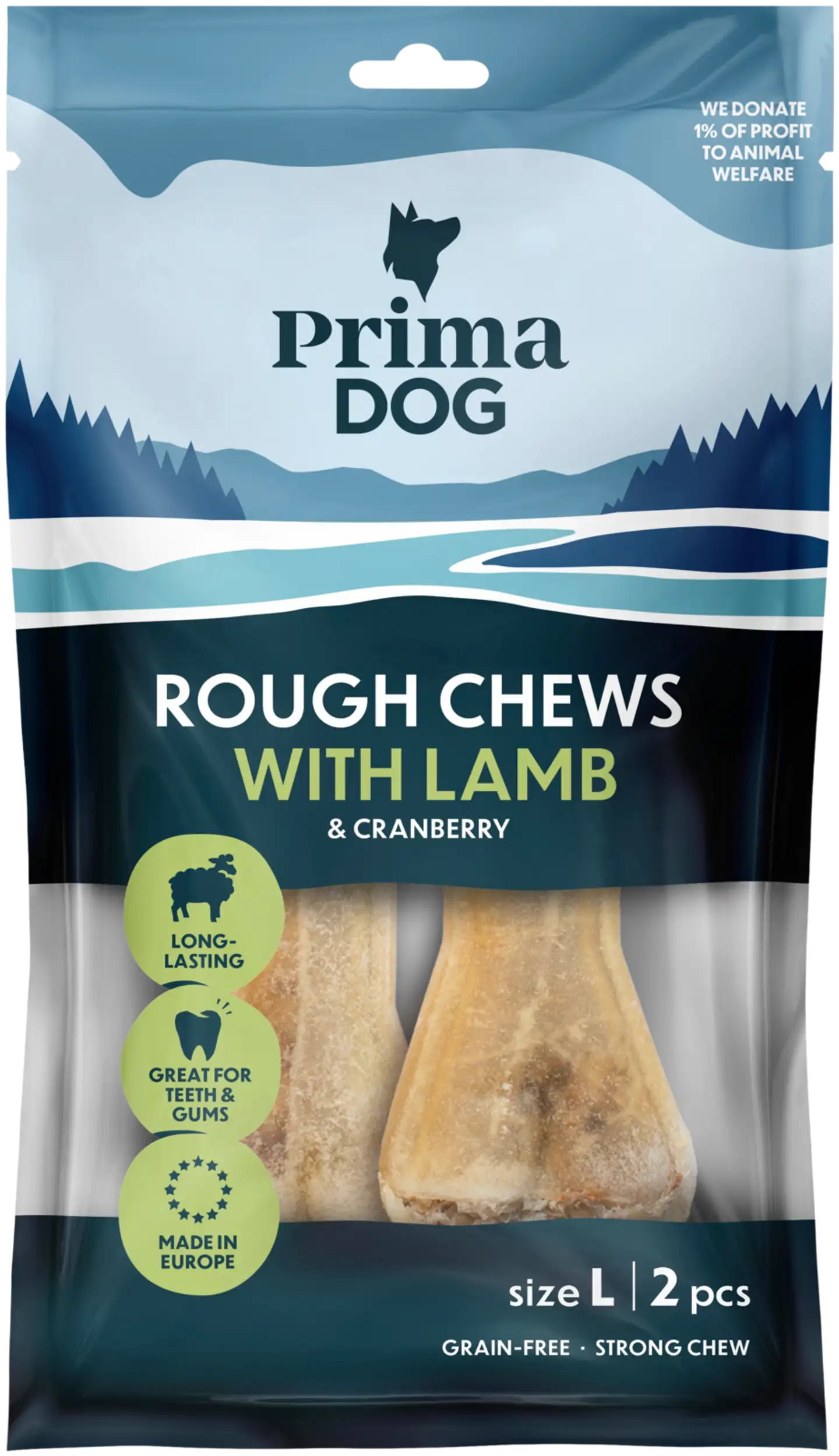PrimaDog Rough Chews Lammas-Karpalo, täytetty puruluu L 13,5 cm, 2 kpl, 140 g