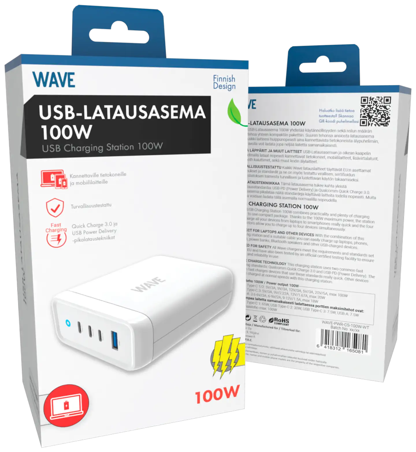 Wave 100W USB-latausasema, 3 x USB Type-C + 1 x USB-A, Valkoinen - 4