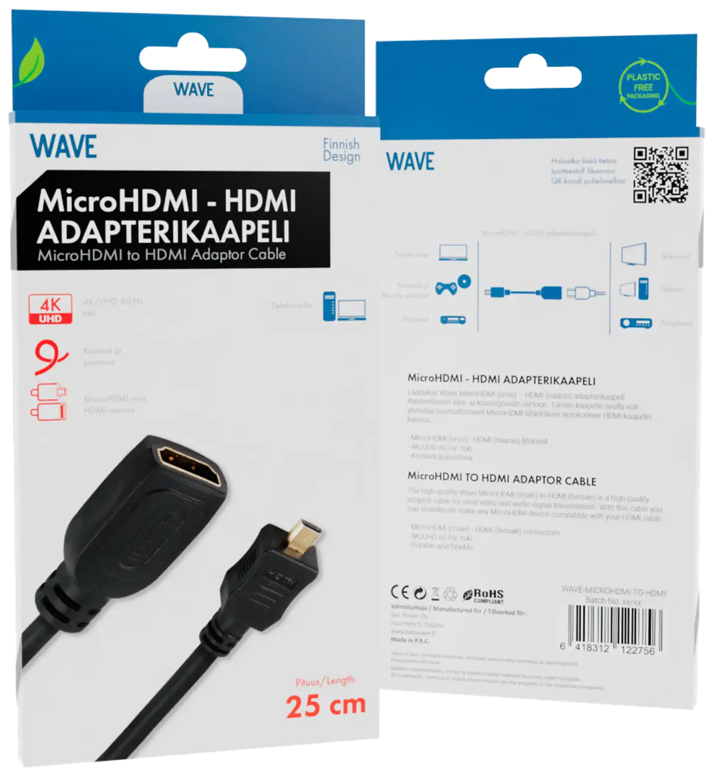 Wave Adapterikaapeli, MicroHDMI uros - HDMI naaras, 25cm, Musta - 2