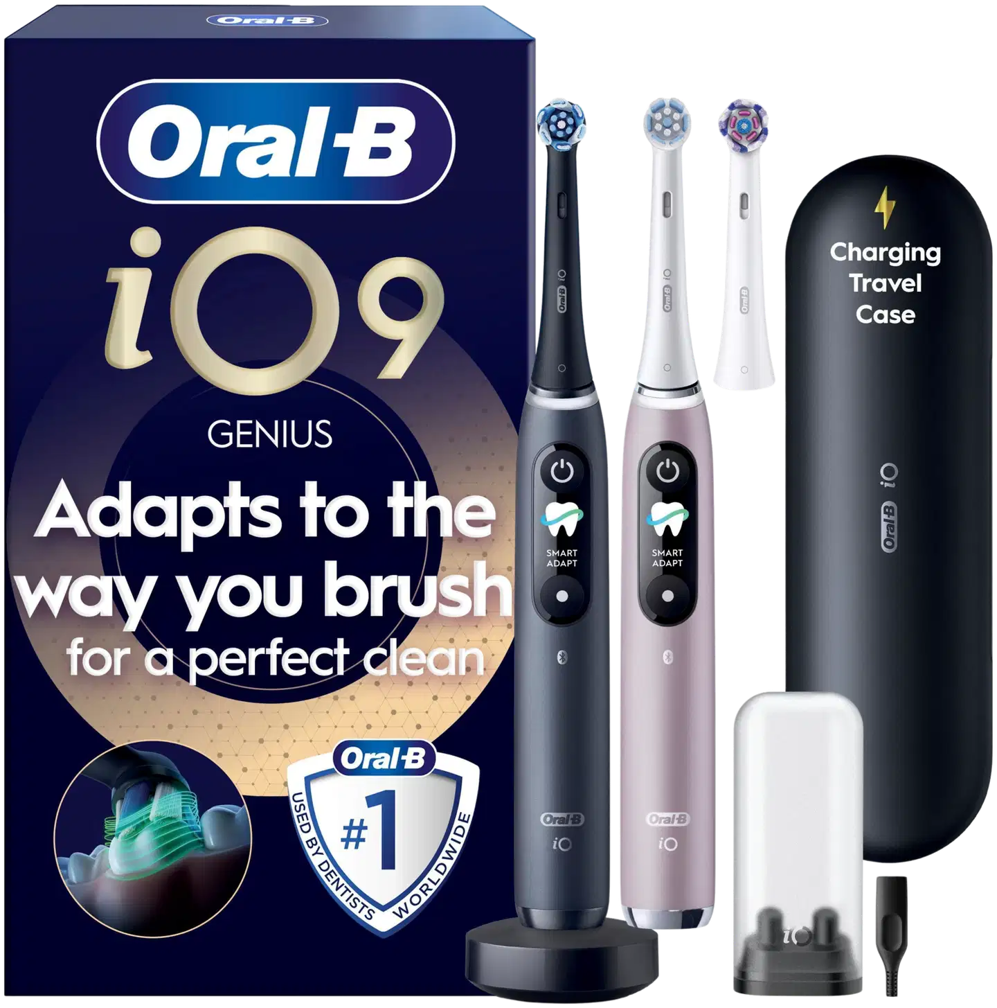 Oral-B iO9 Duo sähköhammasharja, Musta onyksi / ruusukvartsi, 3 vaihtoharjaa, Lataava matkakotelo - 1