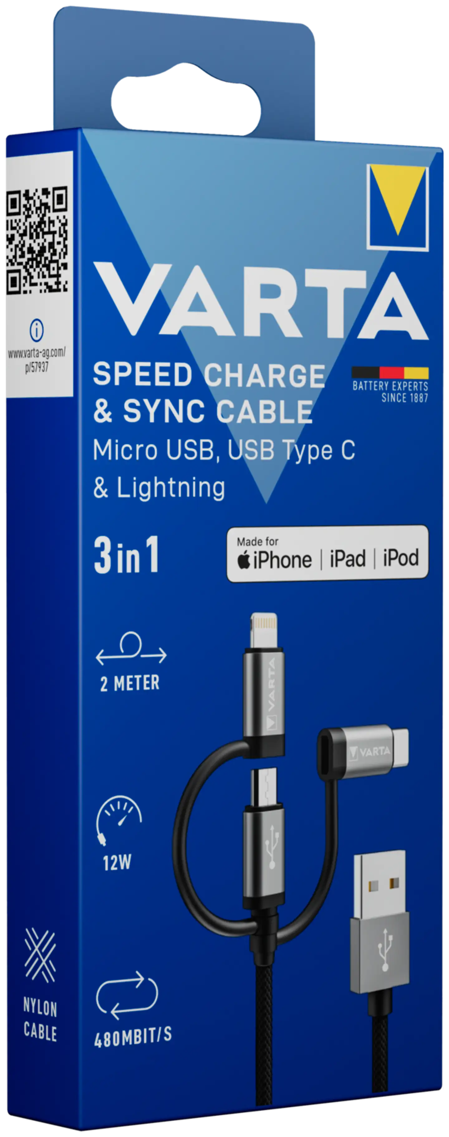 Varta 3-in-1 monikäyttökaapeli 2m musta - 2