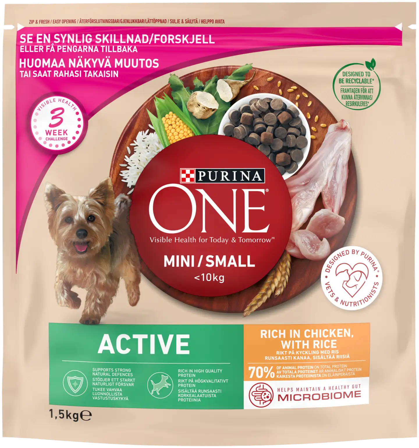 Purina ONE 1,5kg Small Dog <10kg Active Runsaasti Kanaa, sisältää Riisiä koiranruoka