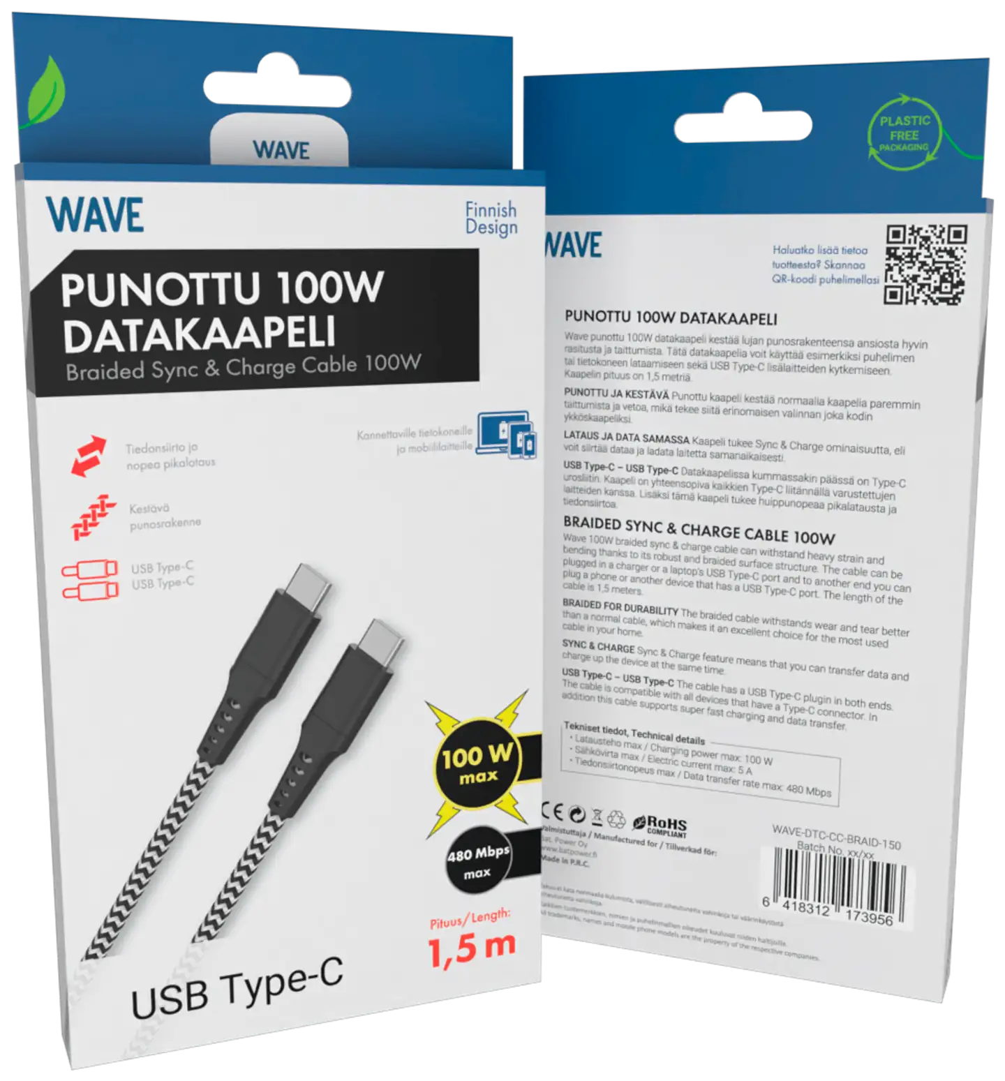 Wave Punottu 100W datakaapeli, USB Type-C -> USB Type-C (480 Mbps), 1,5m, Mustavalkoinen - 2