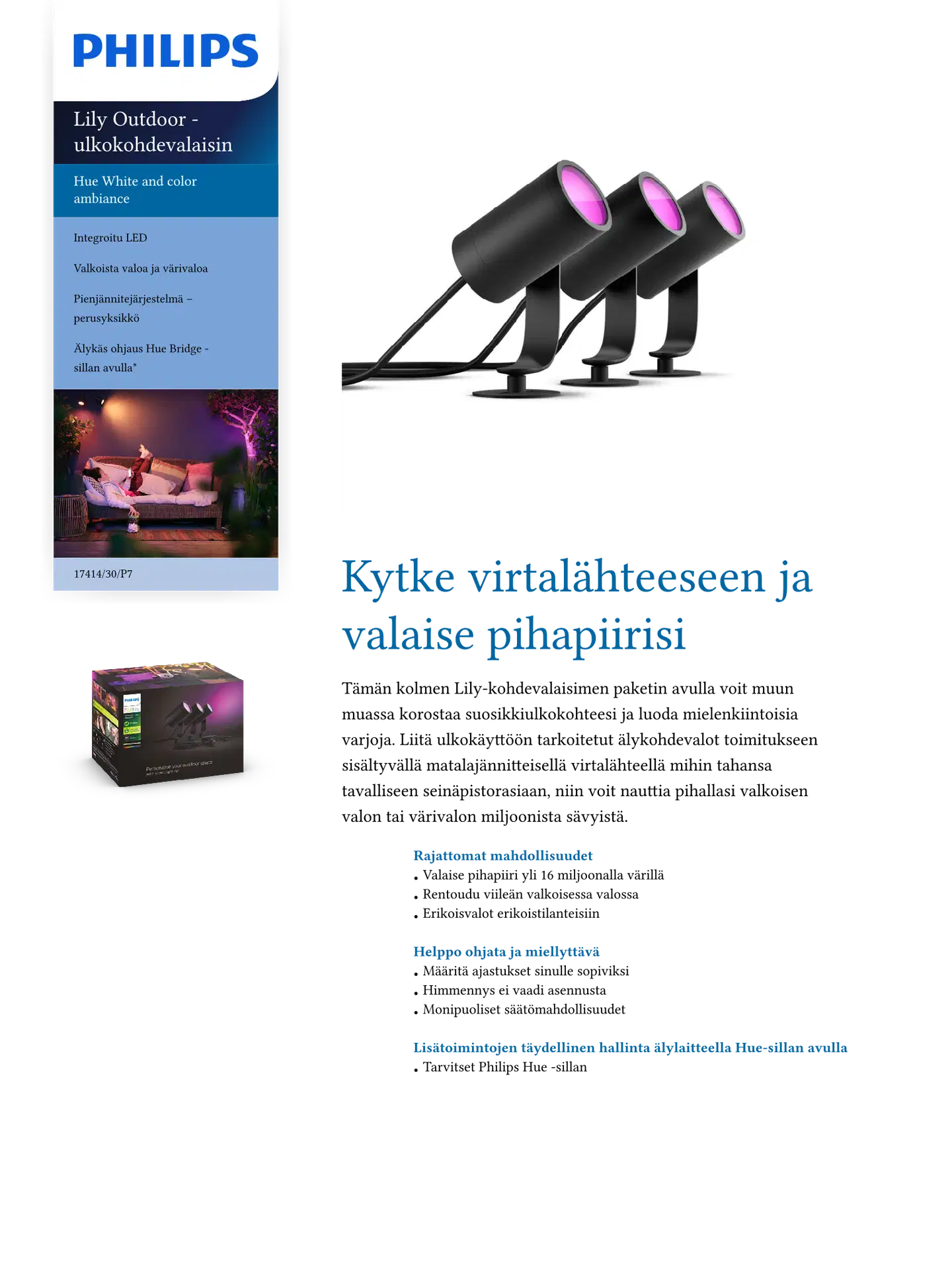 Philips Hue Lily -kohdevalaisin kolmella spotilla 8W 2000-6500K 590LM musta säädettävä - 3