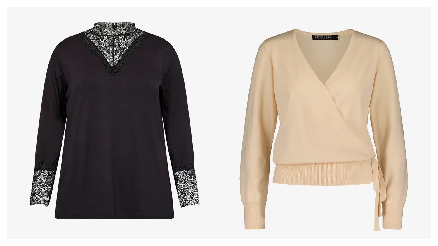 Musta paita, jossa on 3/4-hihat pitsireunoilla ja pitsiä kaula-aukossa sekä beige kietaisuneule, jossa on v-kaula-aukko