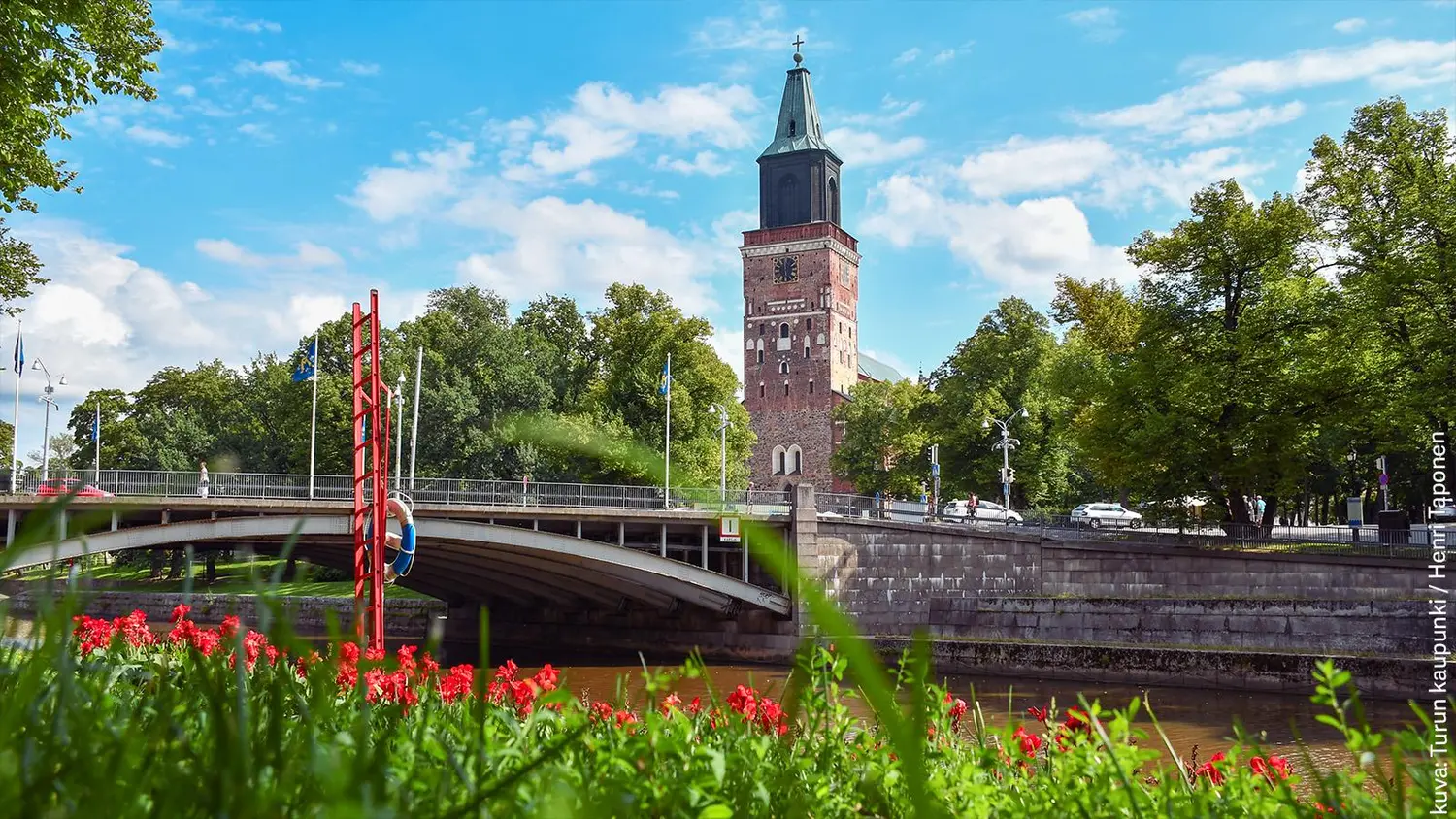 Turun Tuomiokirkko, Aurajoki ja punaisia kukkia aurinkoisena päivänä.