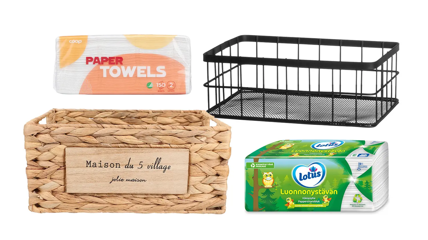 Paperisia käsipyyhkeitä ja erilaisia säilytyskoreja