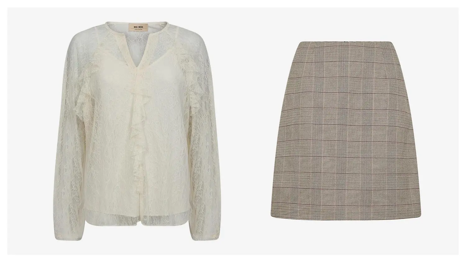 Valkoinen pitsipusero röyhelöillä ja ruudullinen minihame