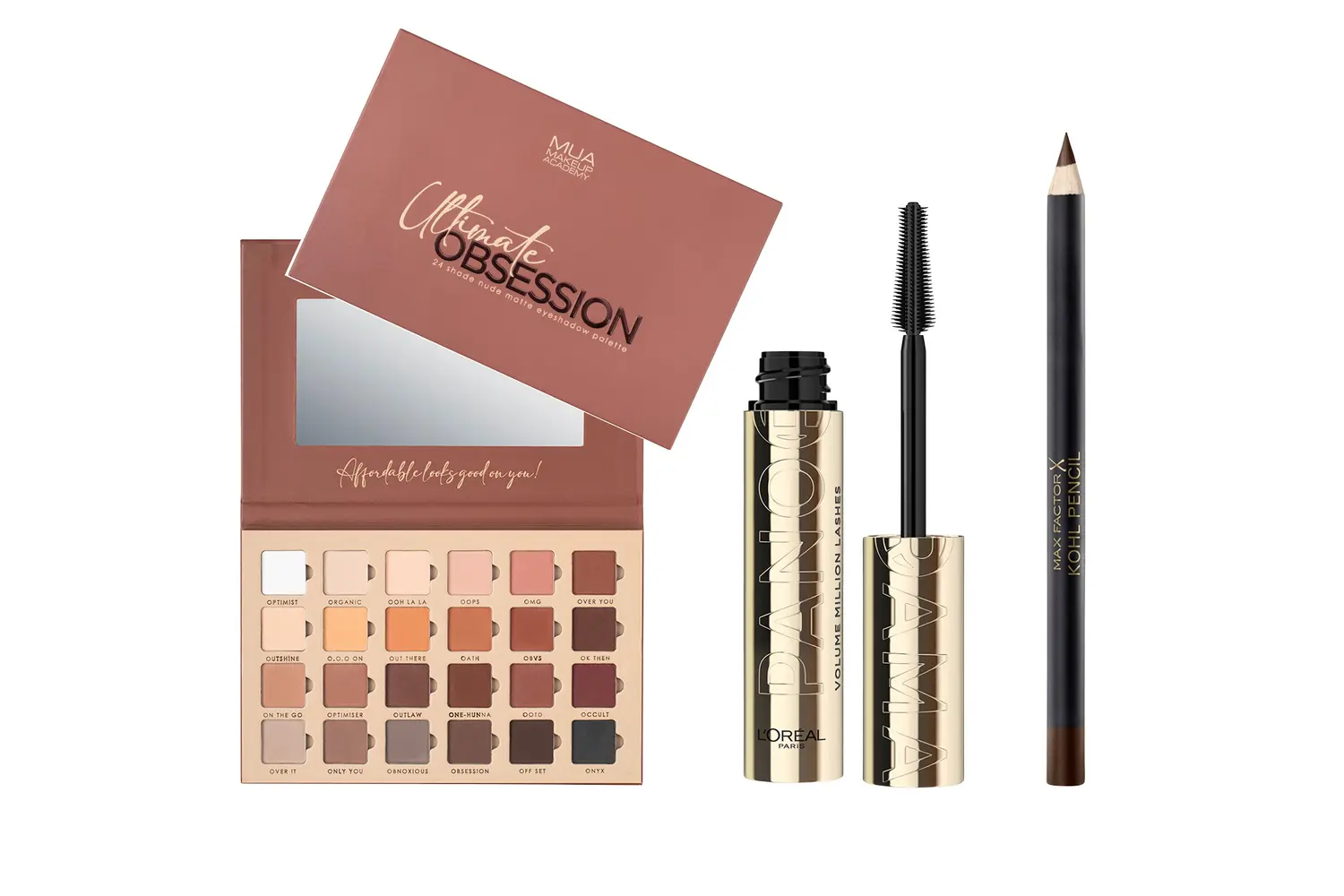 Luomiväripaletti, ruskea ripsiväri ja ruskea rajauskynä