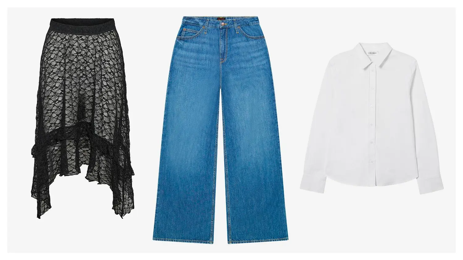 Musta pitsihame, leveälahkeiset farkut, valkoinen kauluspaita