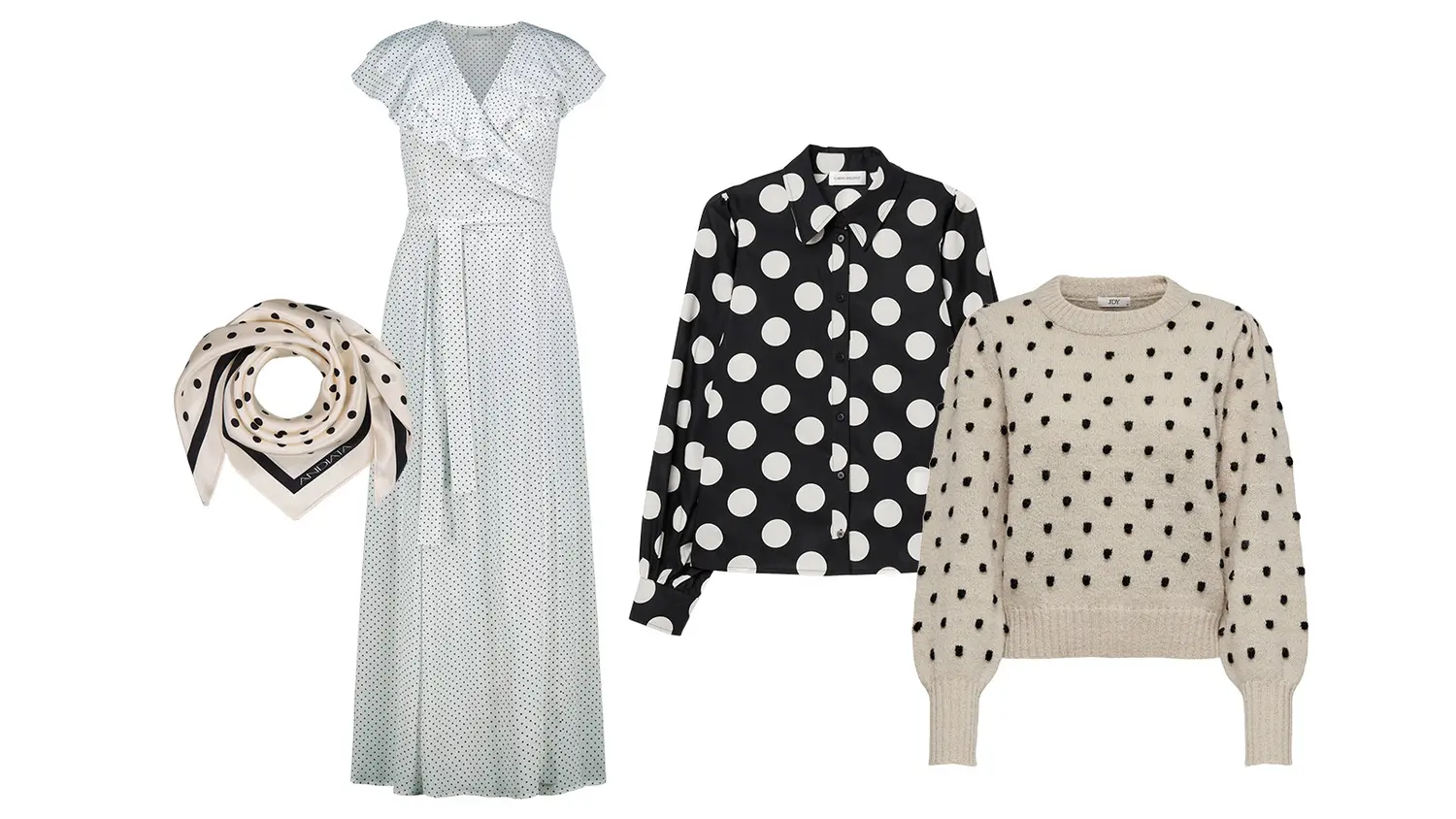 Pilkullinen huivi, mekko, paita ja neule