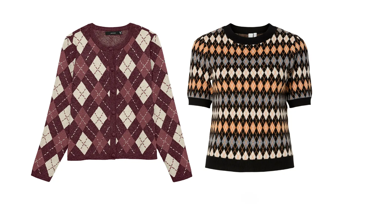 Kaksi salmiakkiruutuista neuletta.