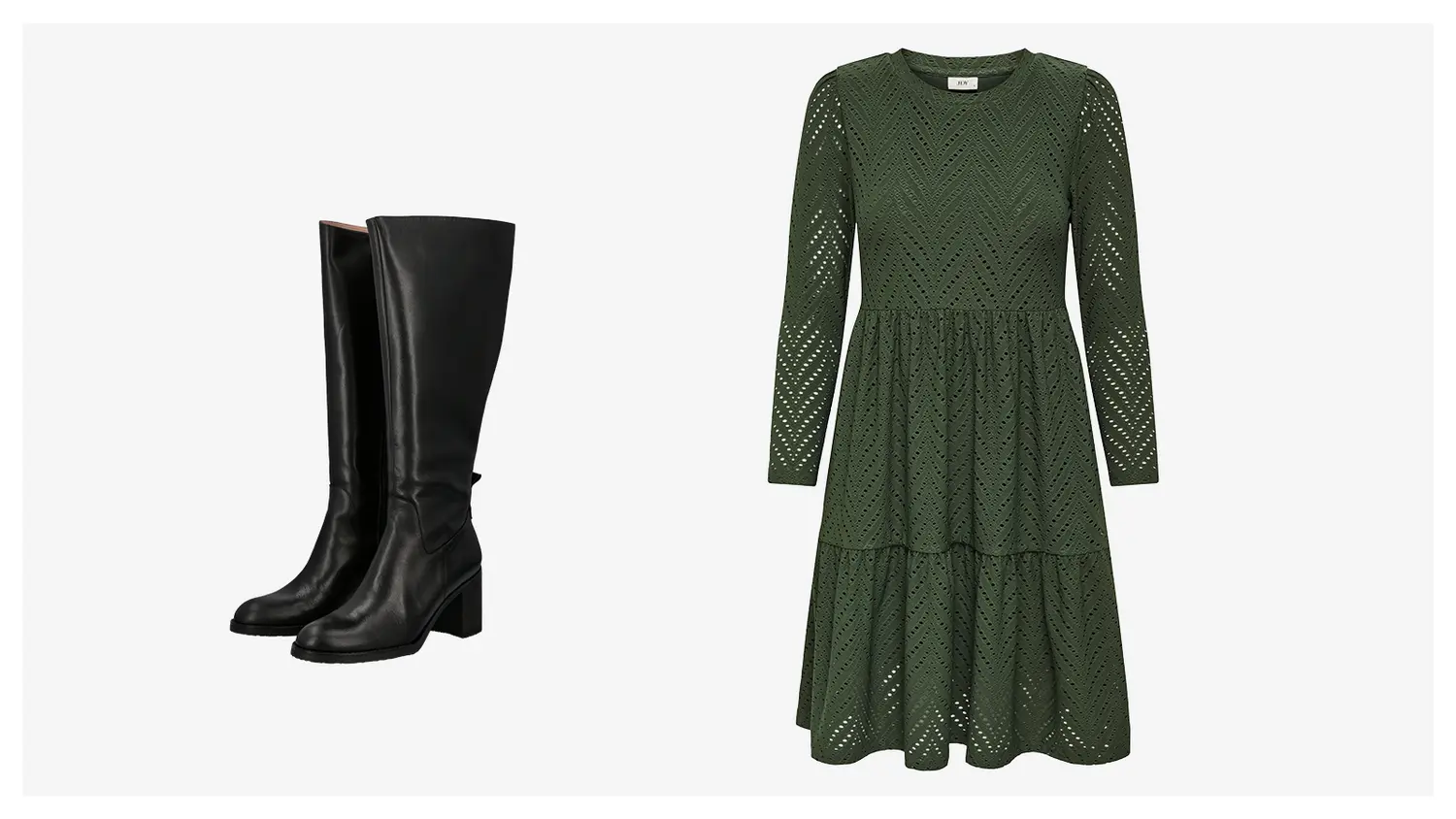 Mustat korolliset nahkasaappaat ja tummanvihreä polvipituinen brodeerattu mekko